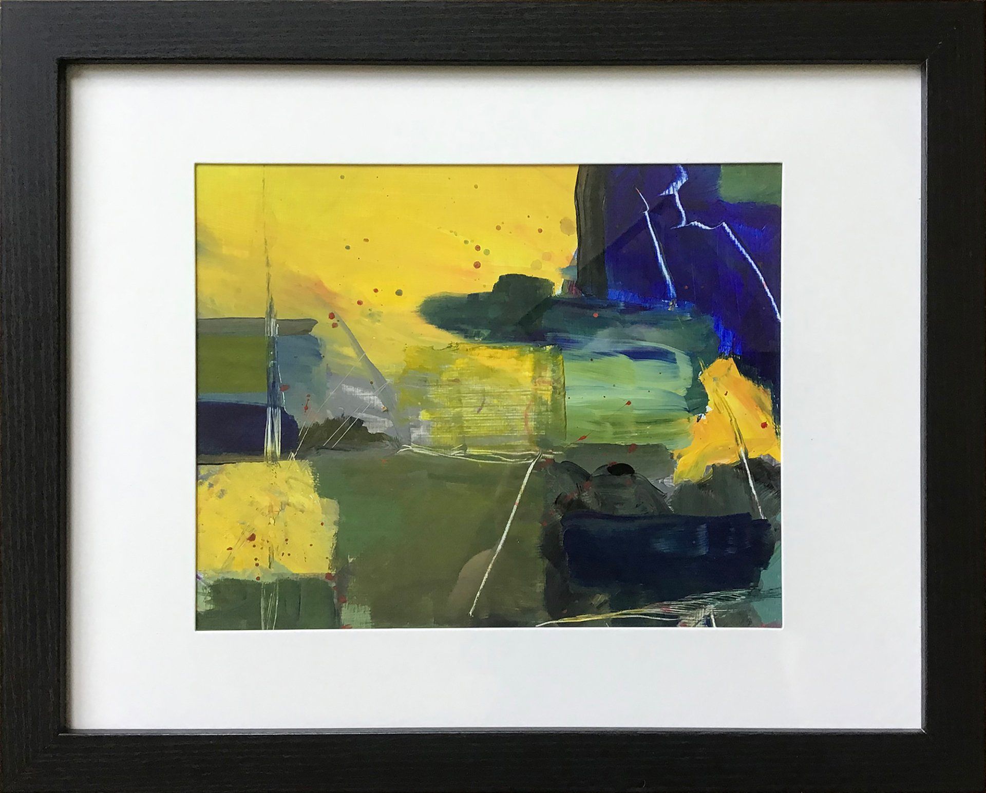 A framed painting of a yellow and blue background