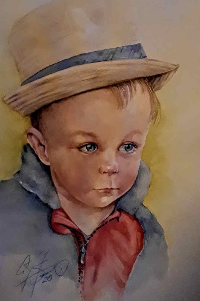 A painting of a young boy wearing a hat and a jacket.