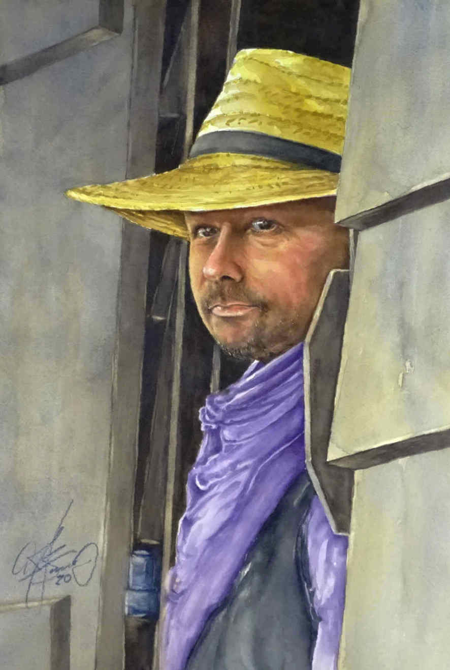 A painting of a man wearing a straw hat and a purple scarf