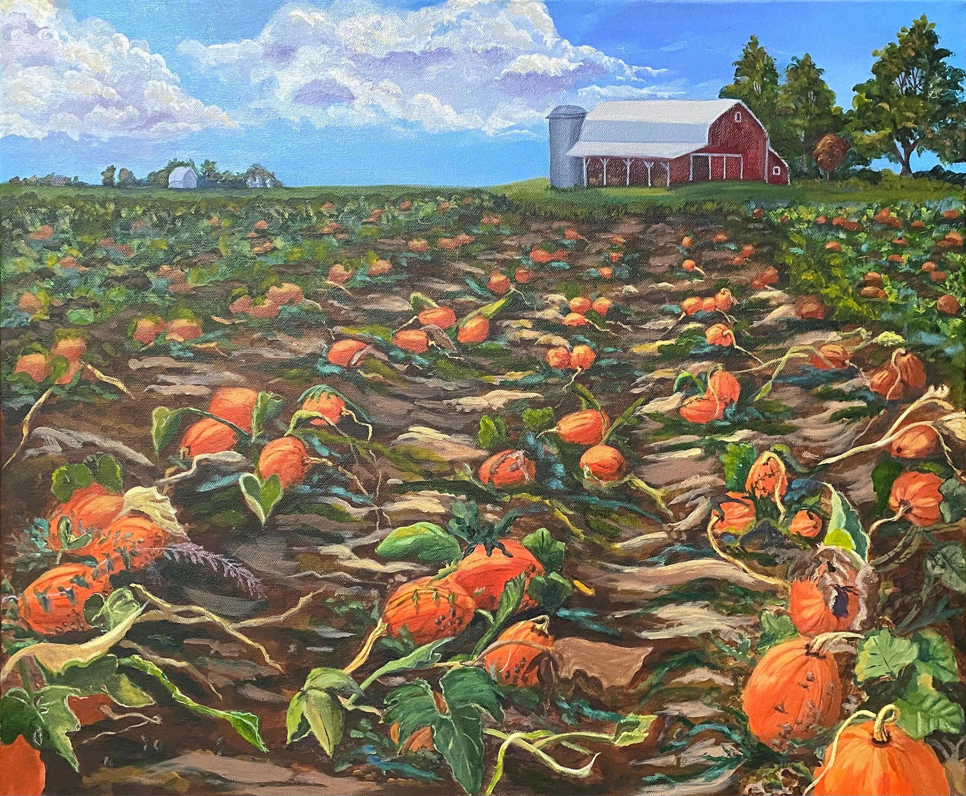 A painting of a pumpkin patch with a barn in the background.