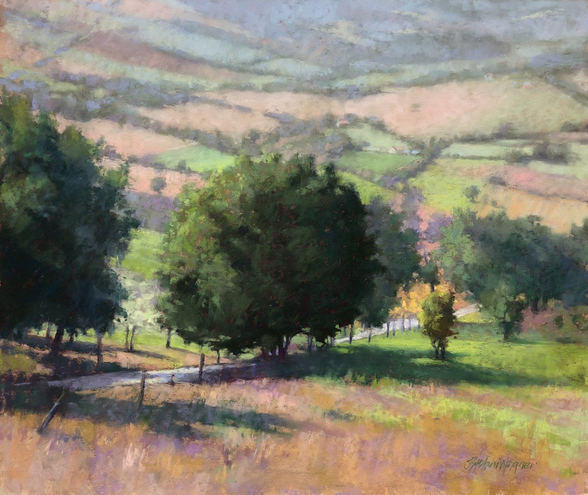 It is a painting of a landscape with trees and a road.