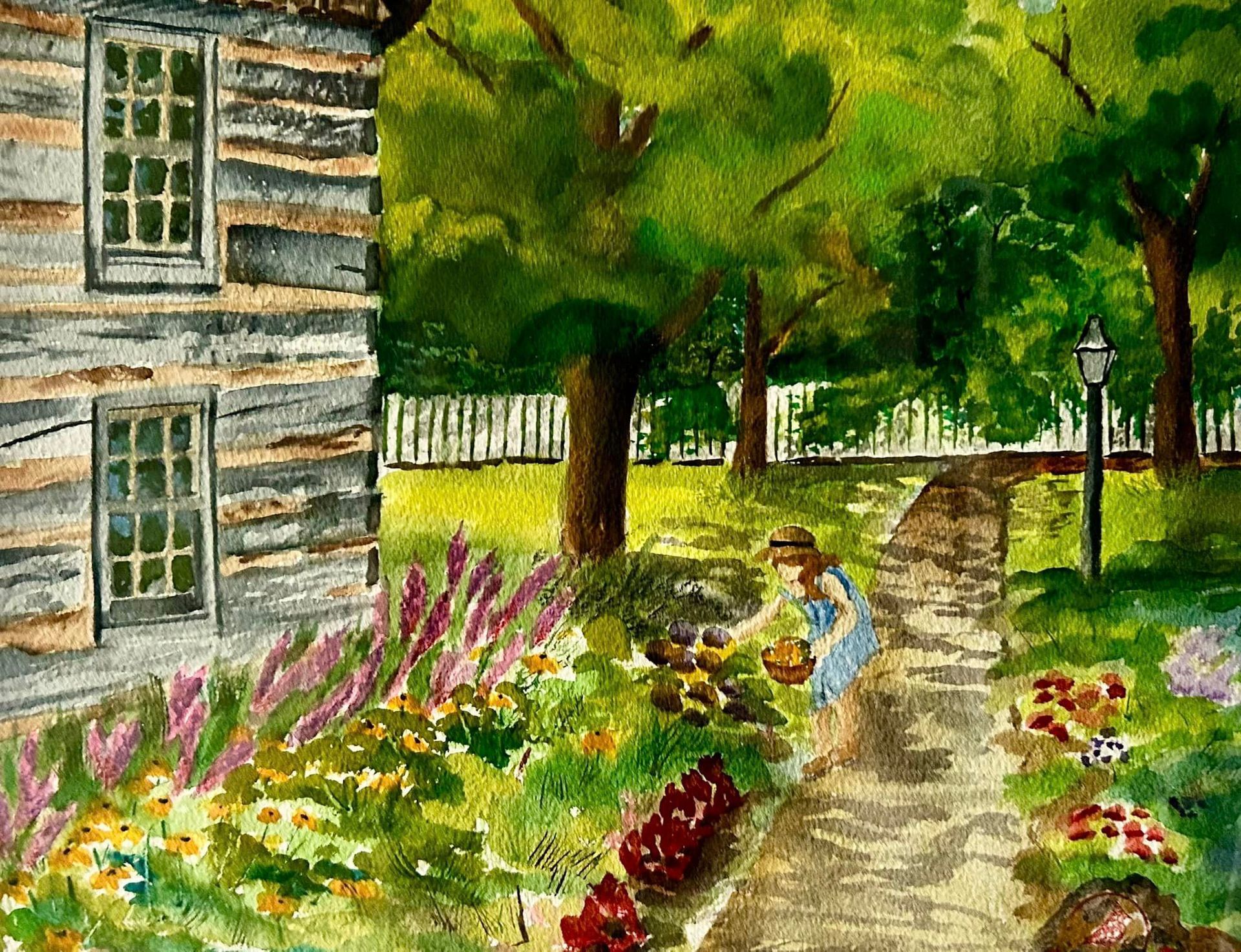 A painting of a woman standing in front of a log cabin