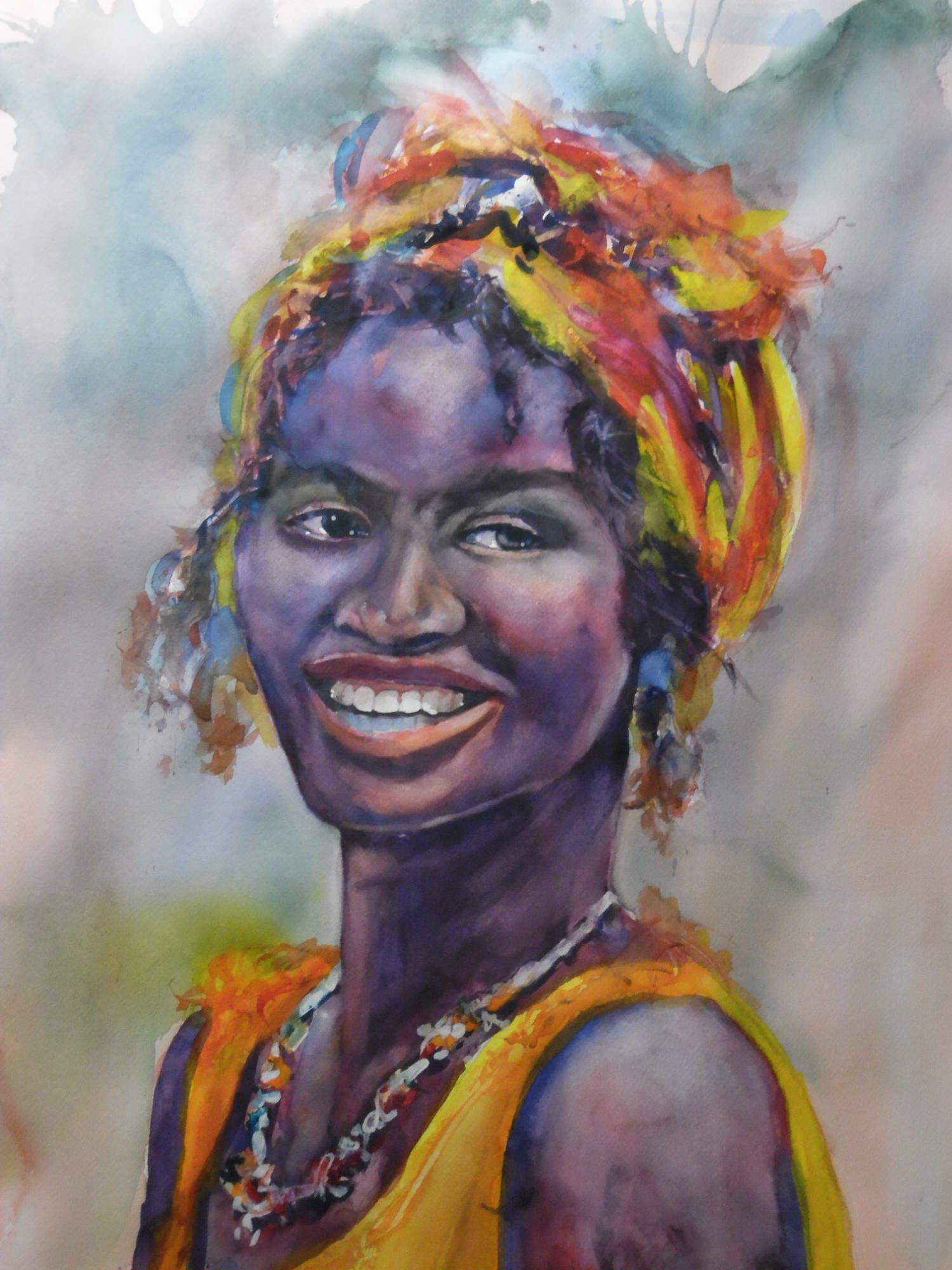 A painting of a woman wearing a turban and smiling.
