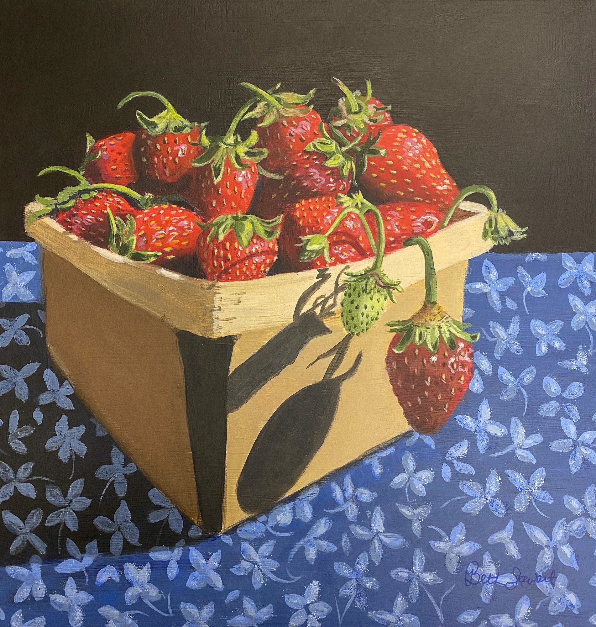 A painting of strawberries in a wooden box on a table