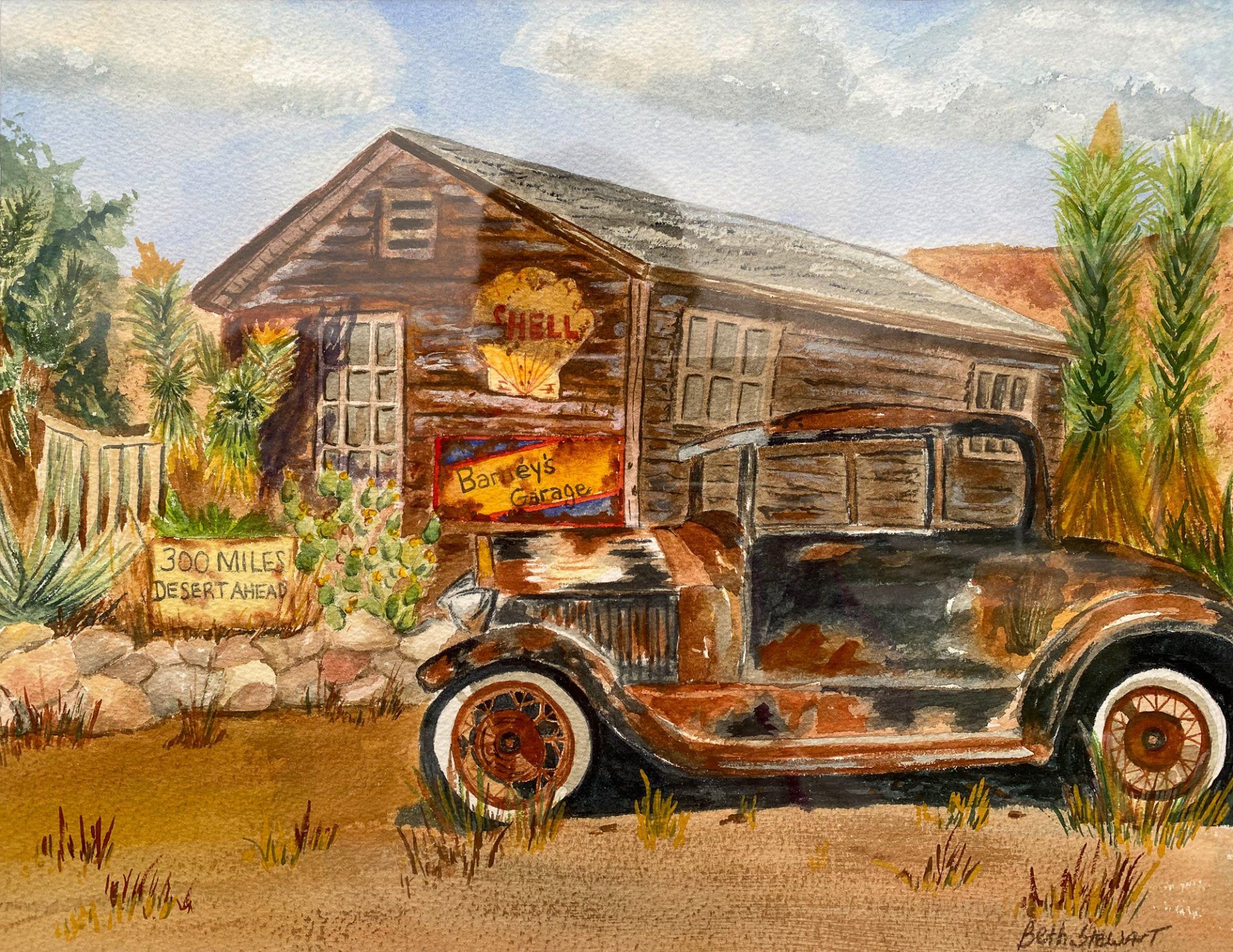 An old rusty car is parked in front of a shell gas station