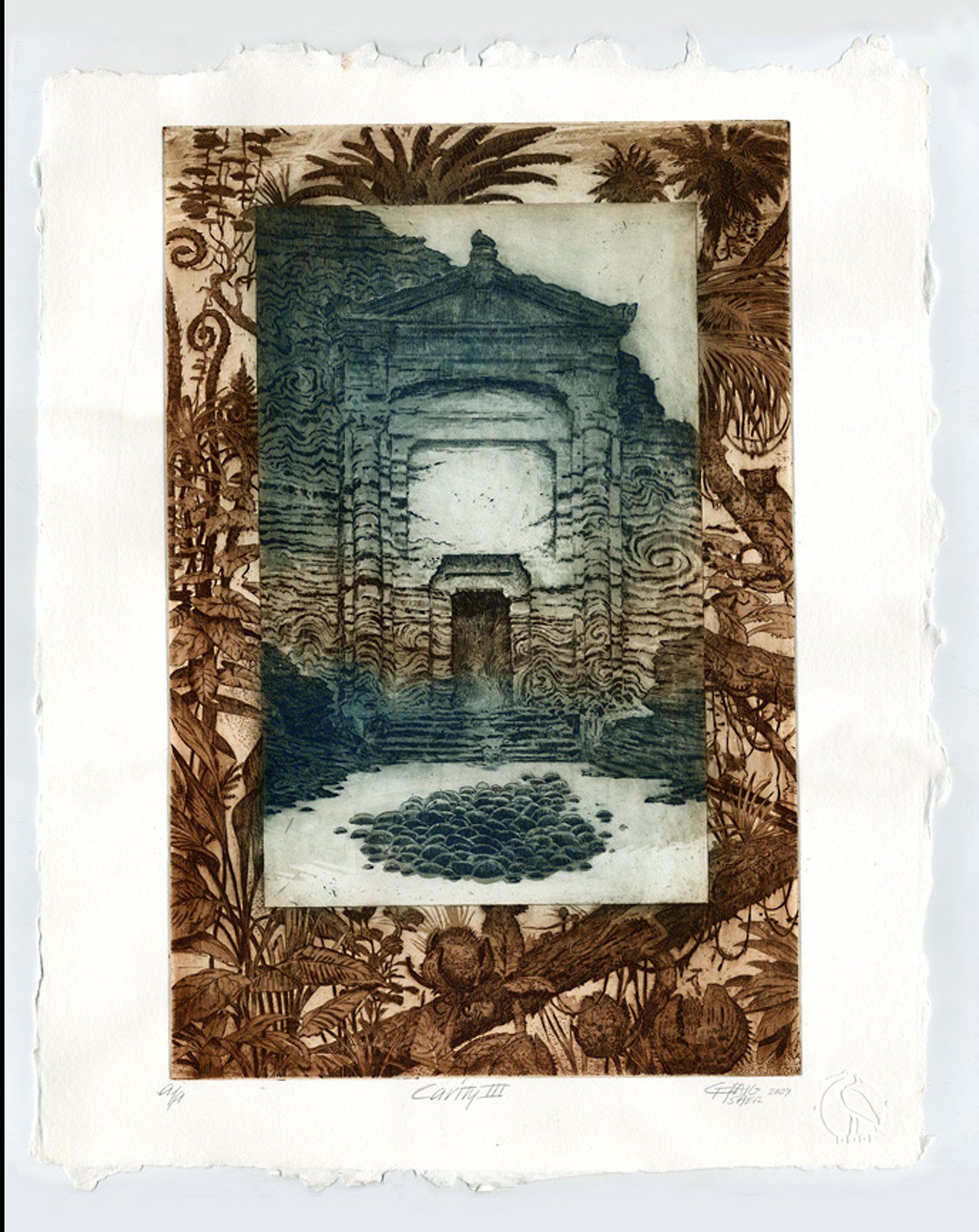 A painting of a building with a door in the middle of it