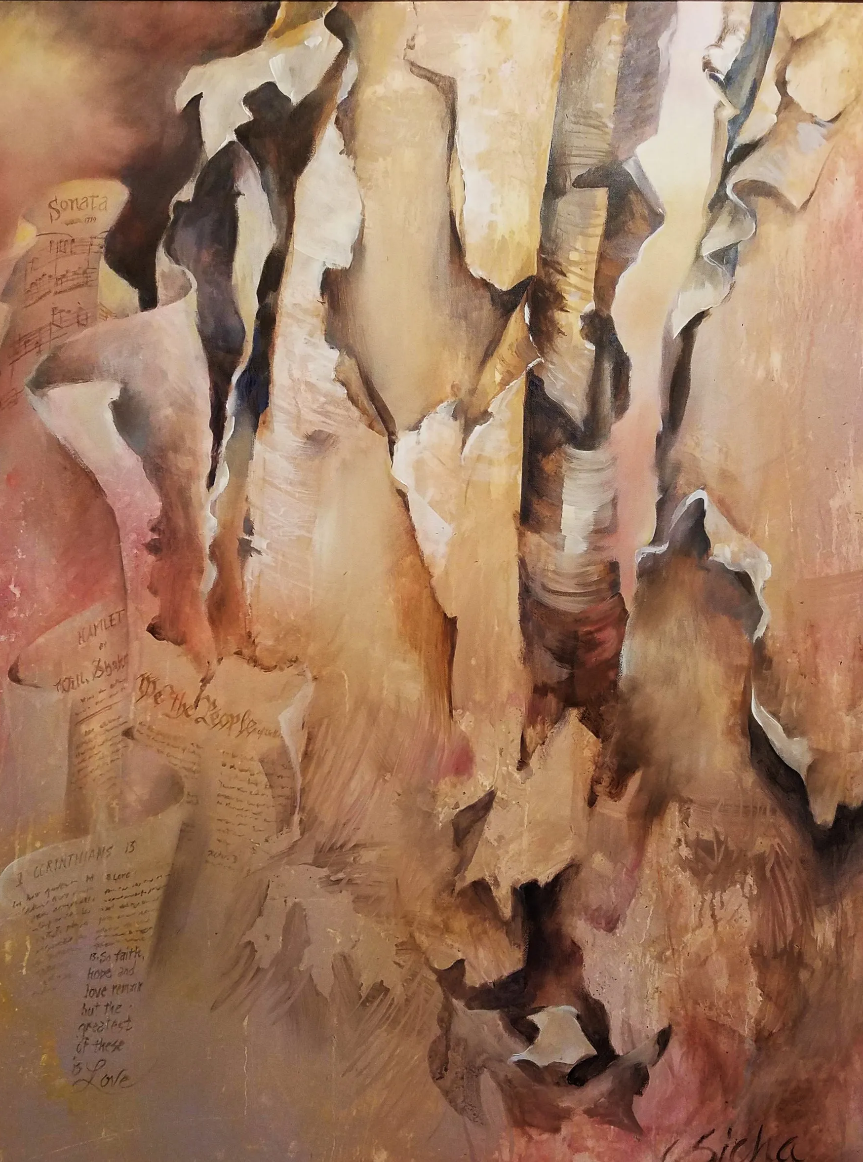 A close up of a painting of a tree trunk