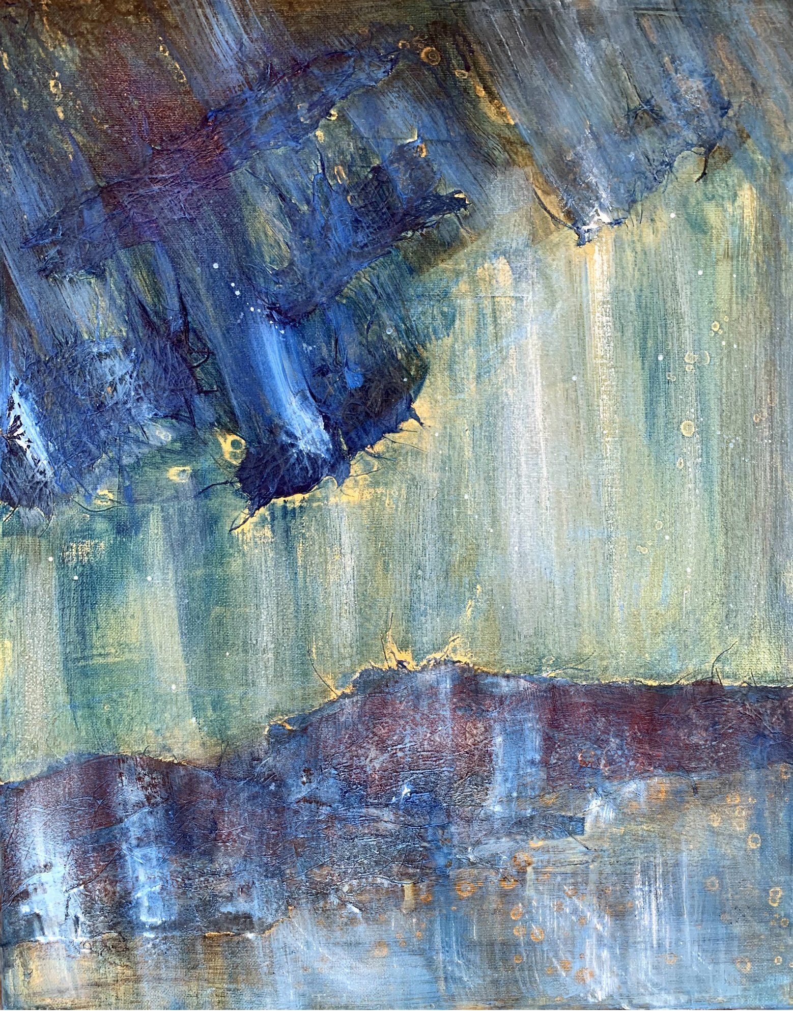 A painting of a person holding an umbrella in the rain.