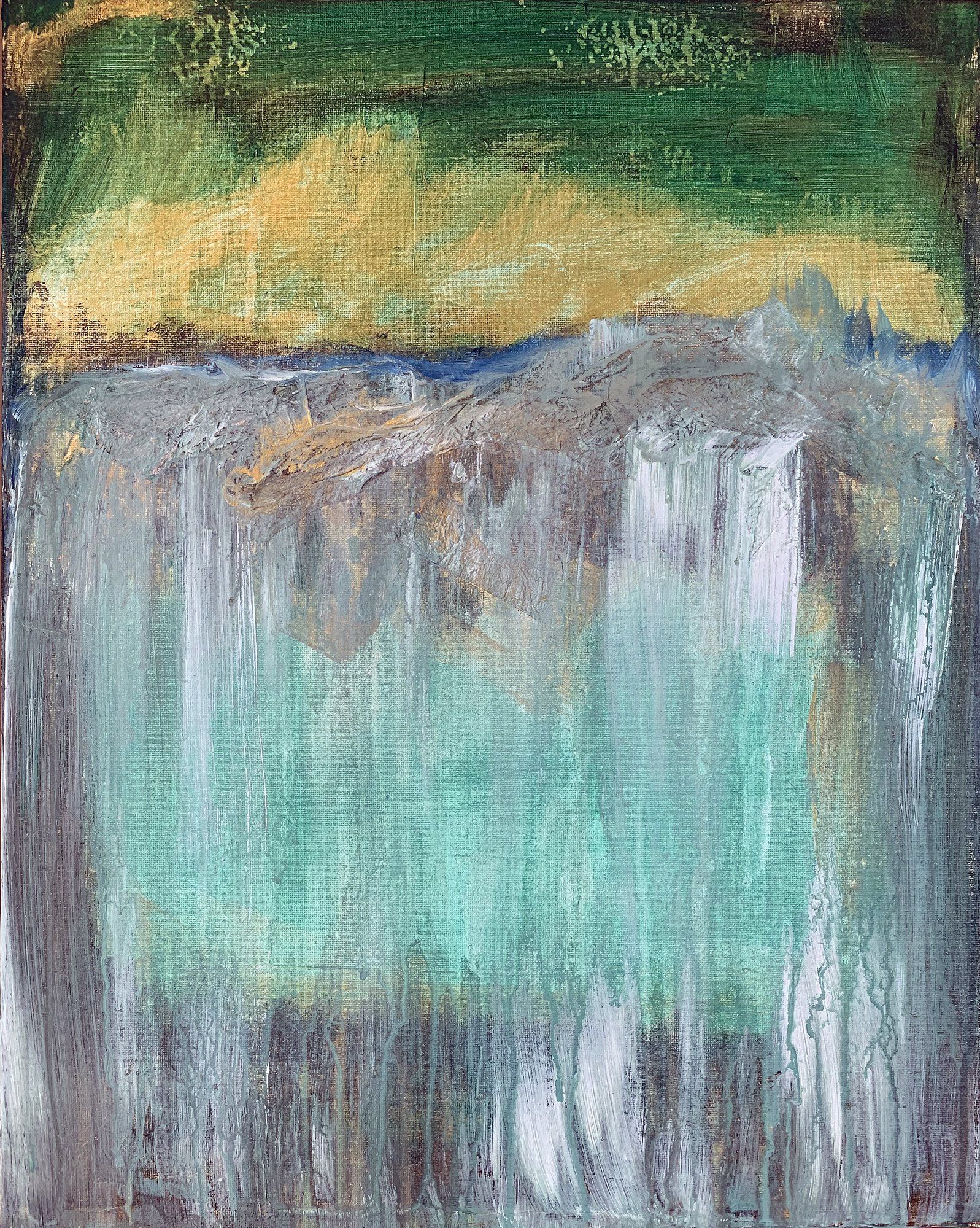 A painting of a waterfall with trees in the background