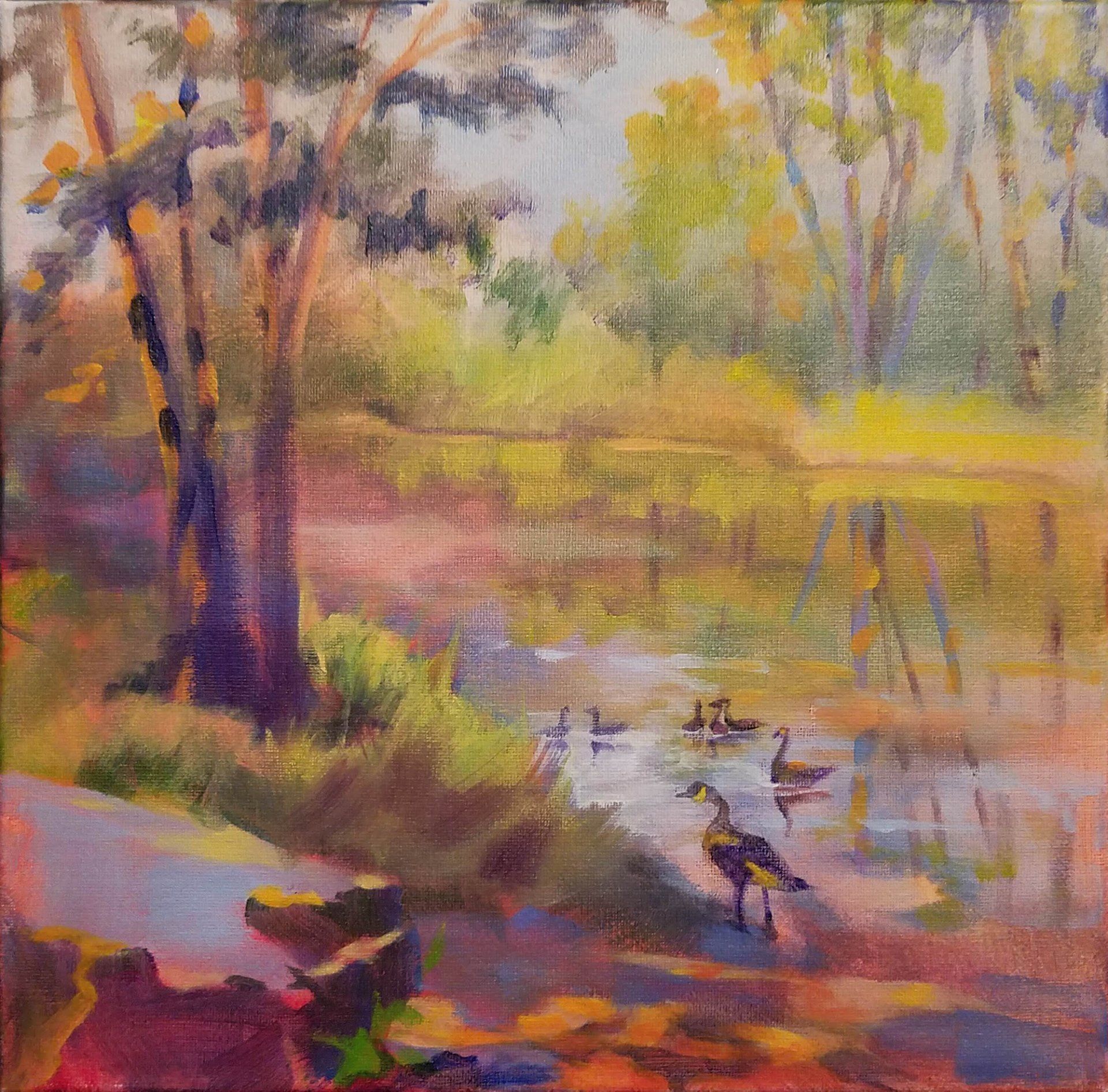 A painting of ducks swimming in a pond with trees in the background.