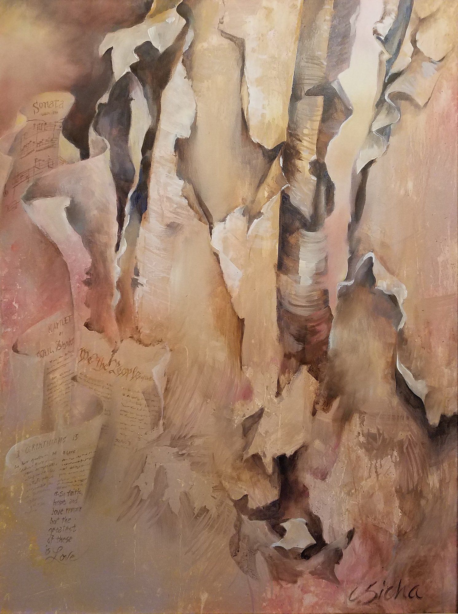 A close up of a painting of a tree trunk