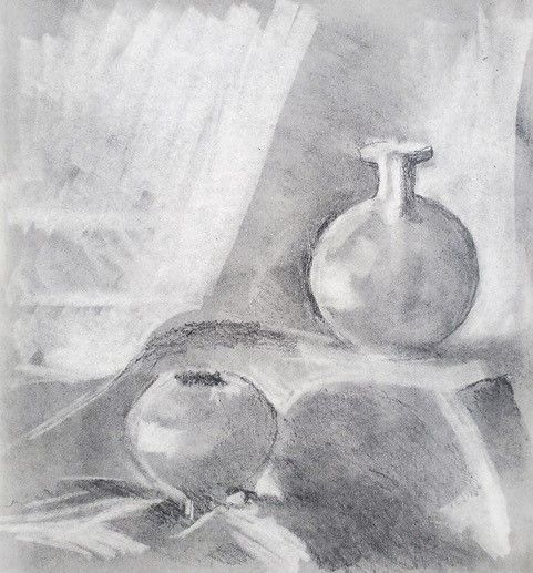 A black and white drawing of two vases on a table.