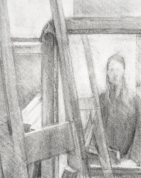 A black and white drawing of a woman sitting in front of an easel.