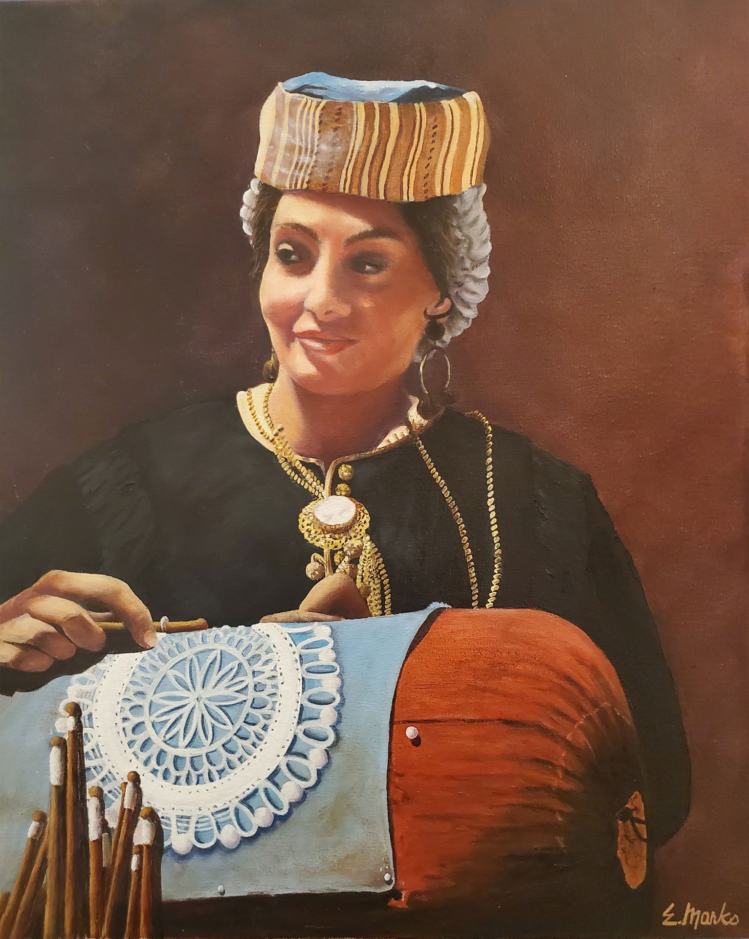 A painting of a woman wearing a hat and necklace