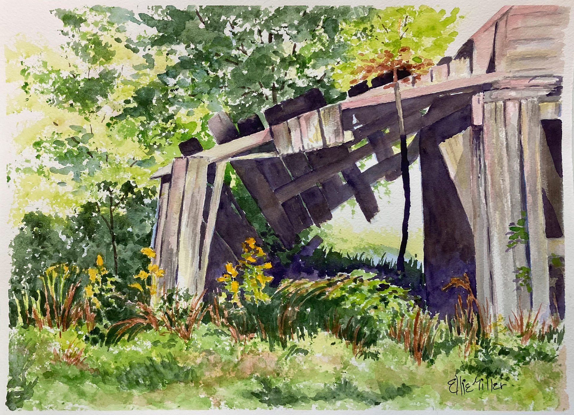 A watercolor painting of a wooden structure in the woods
