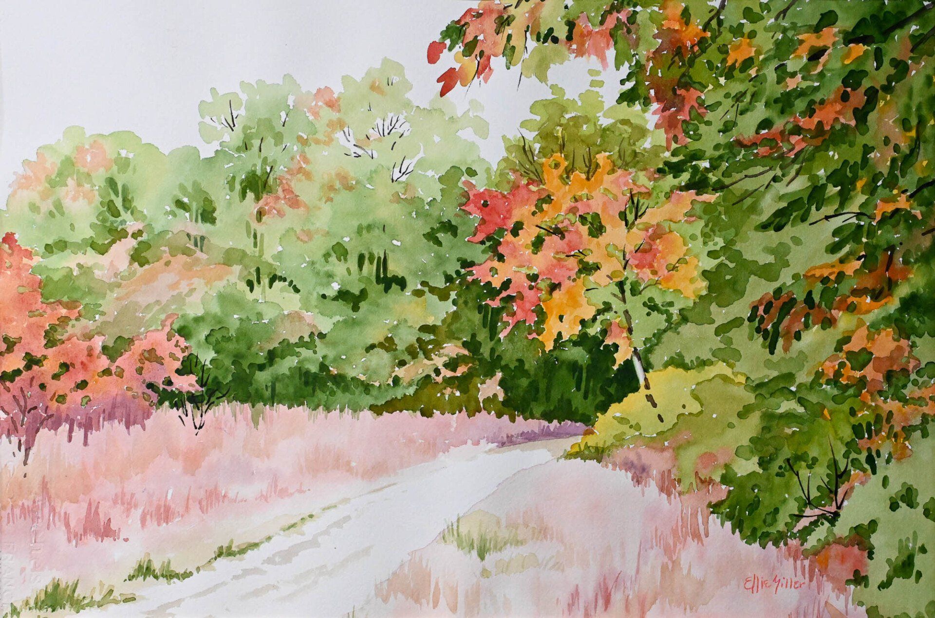 A watercolor painting of a road surrounded by trees with autumn leaves
