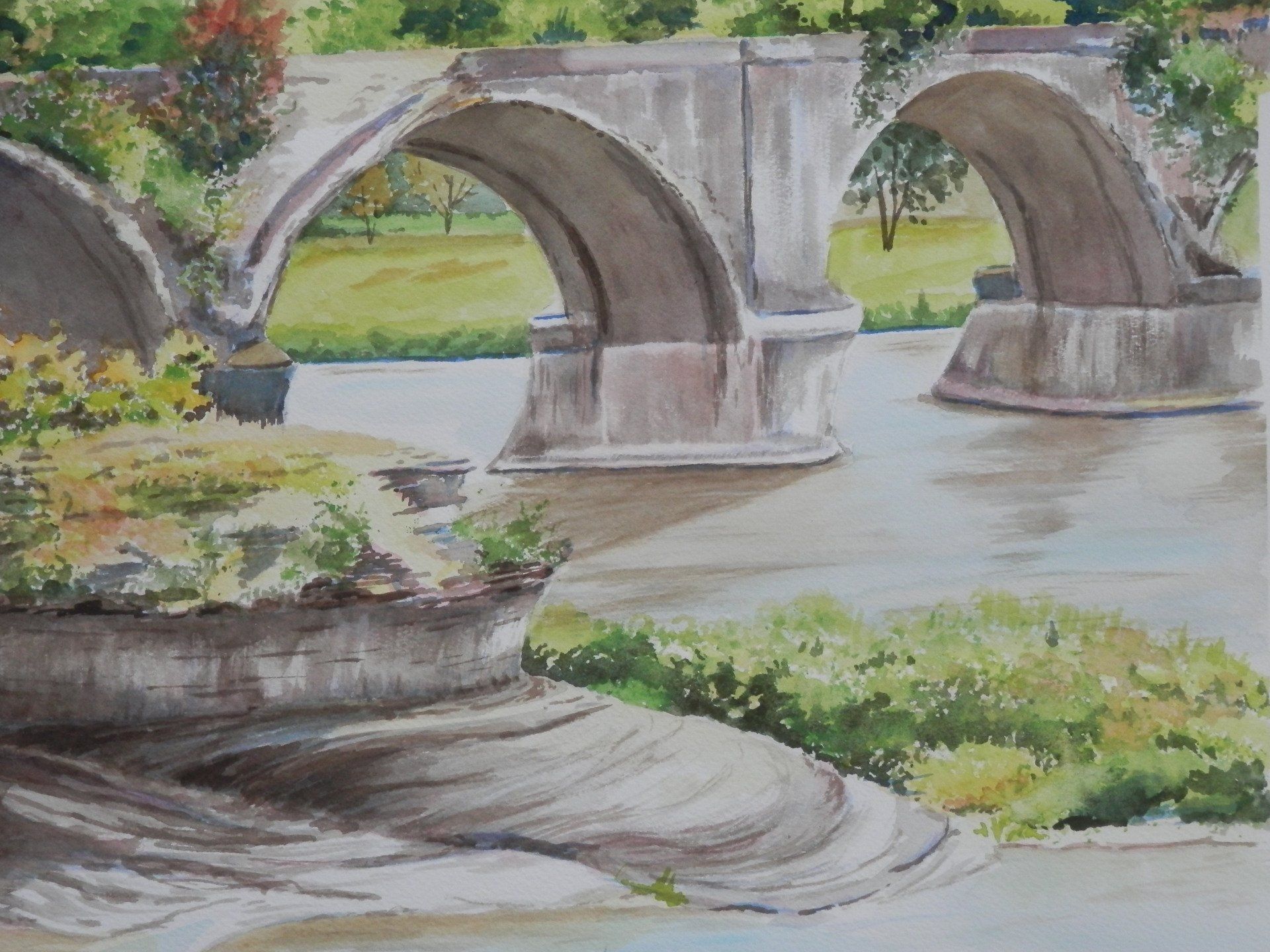 A watercolor painting of a bridge over a river