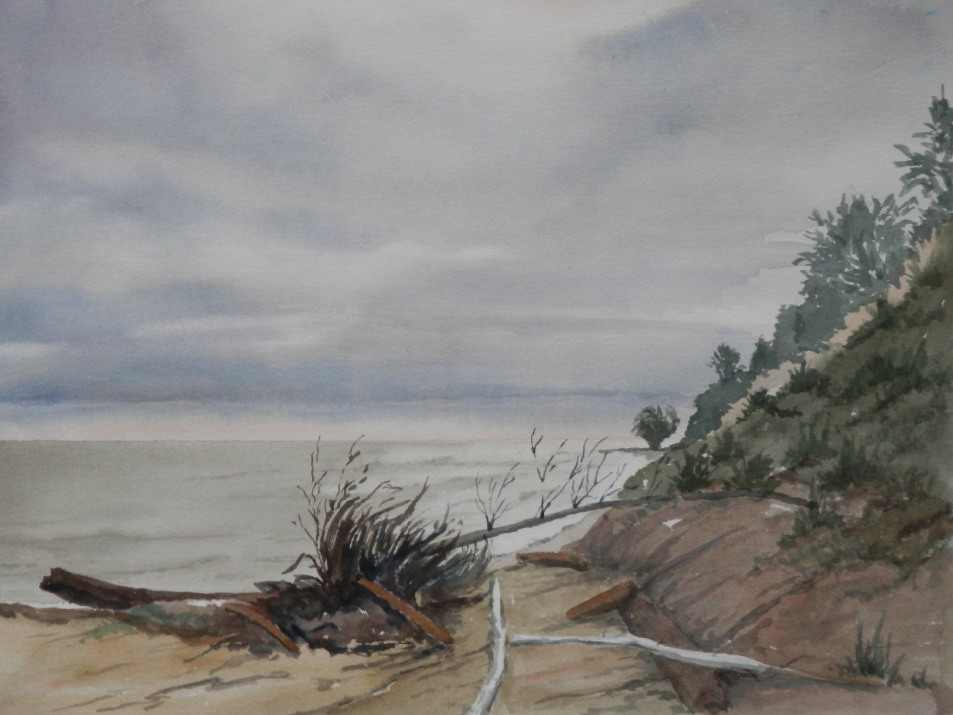 A watercolor painting of a cliff overlooking a body of water.
