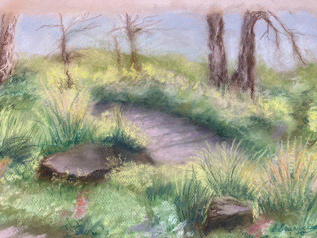 A painting of a path through a grassy field with trees in the background.