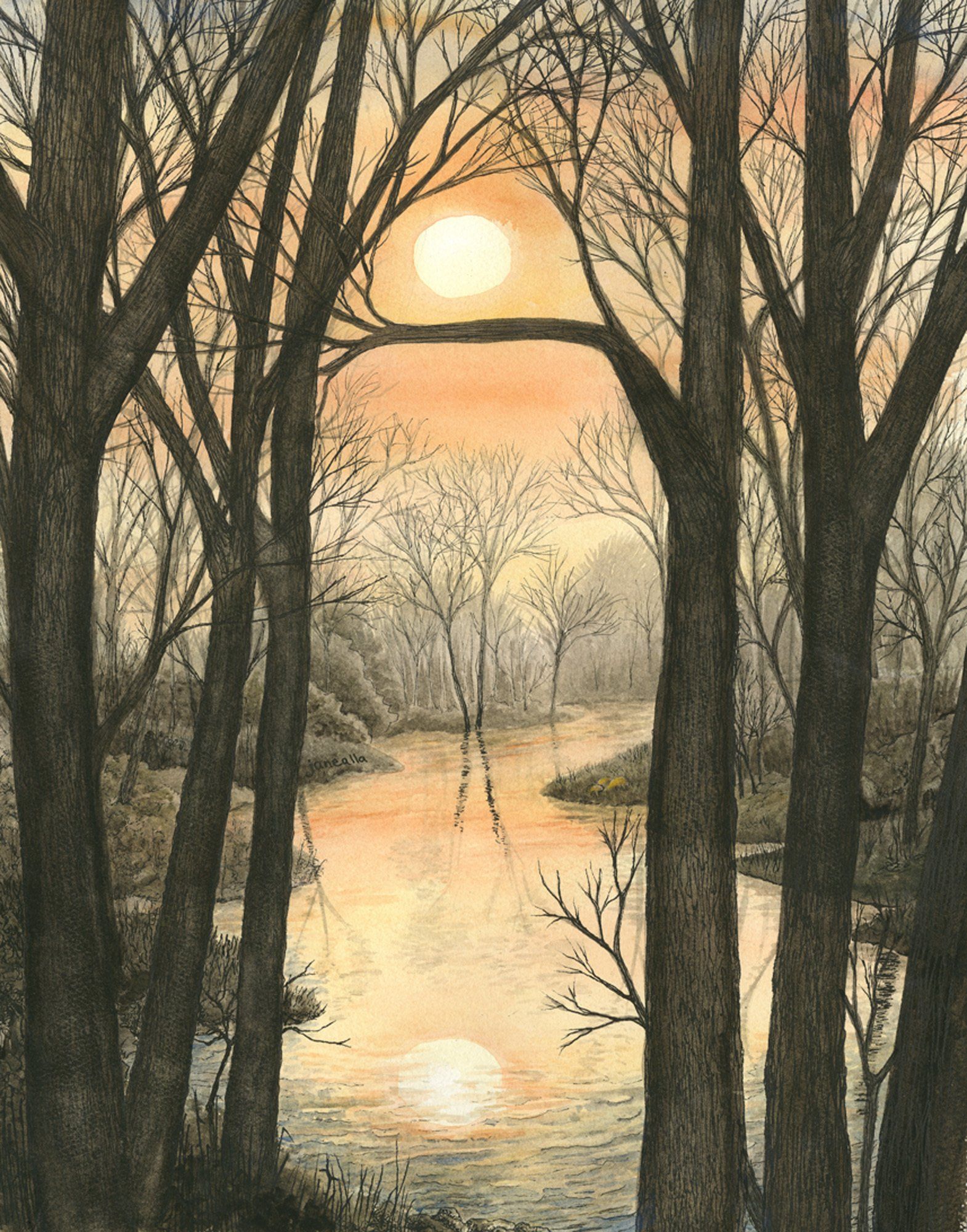 A painting of a river surrounded by trees at sunset
