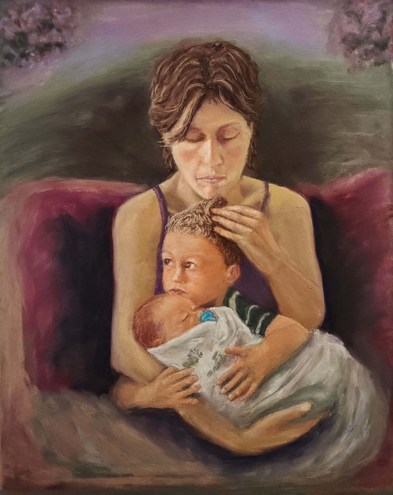 A painting of a woman holding a baby in her arms.