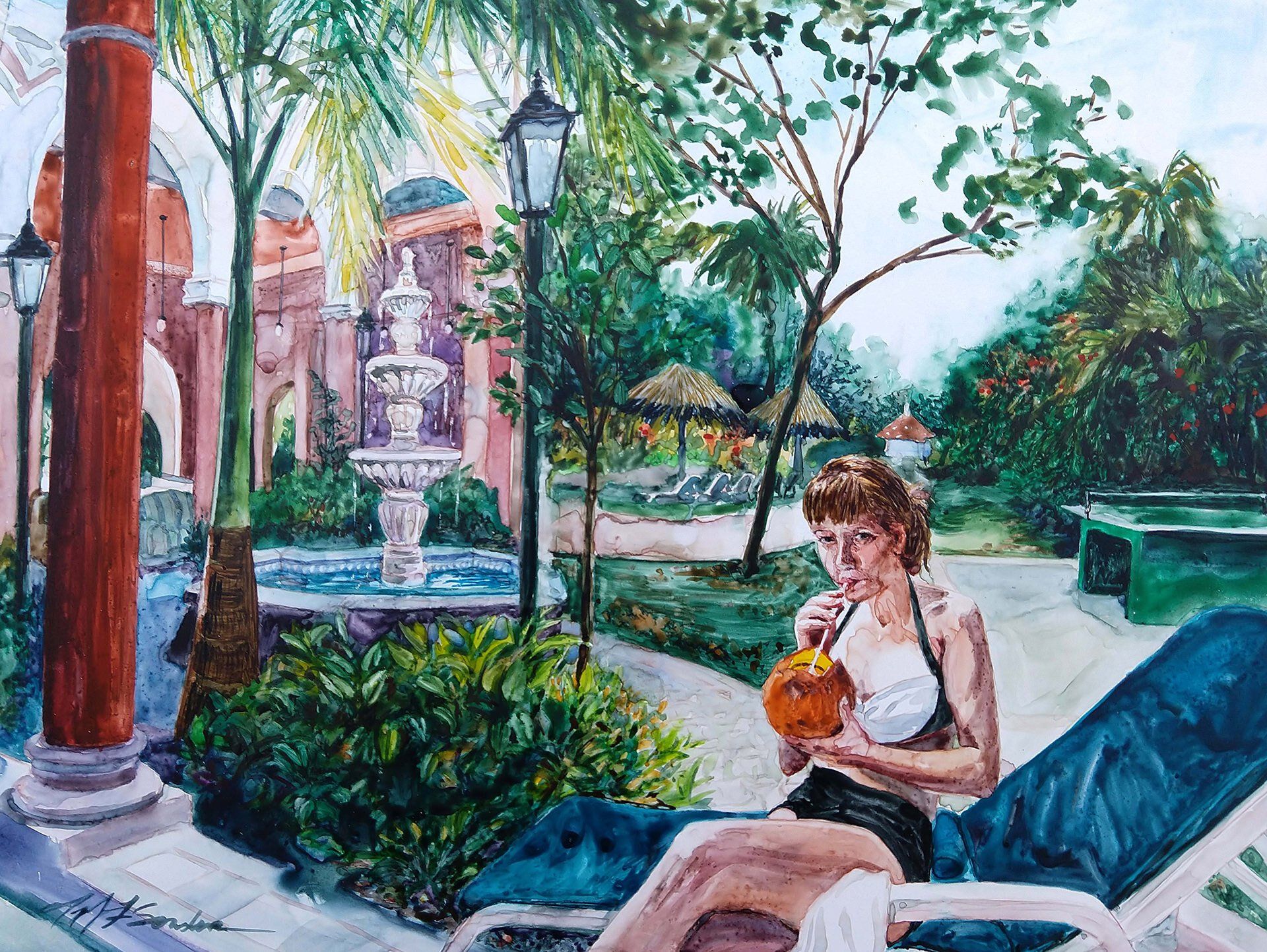 A painting of a woman drinking from a coconut