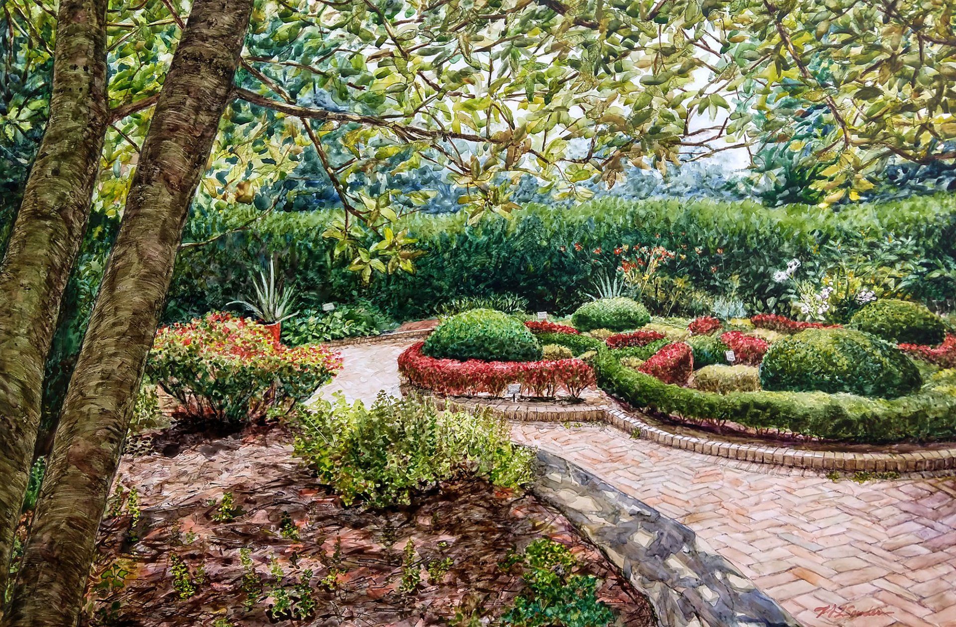 A painting of a garden with trees and bushes and a path.