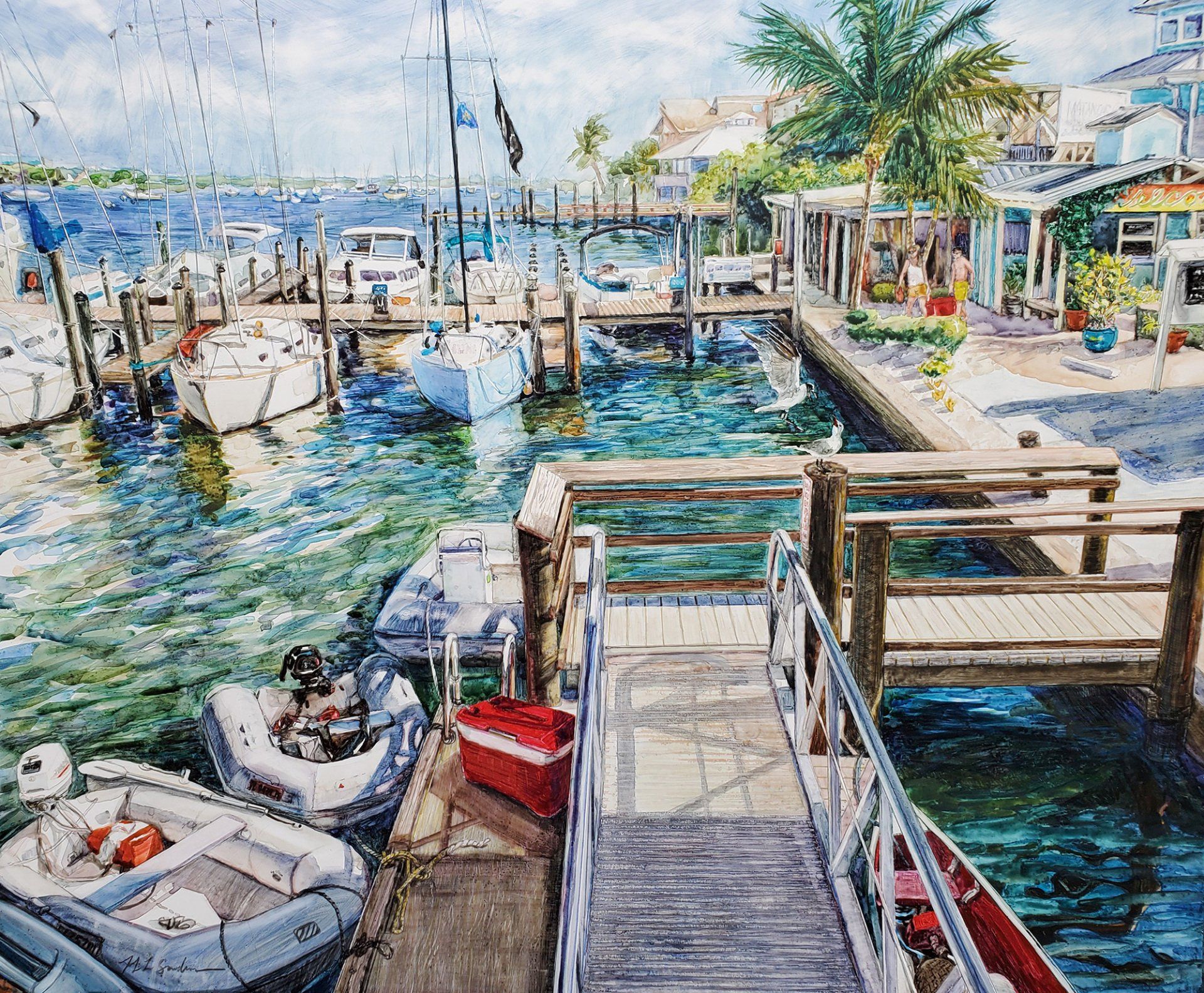 A painting of boats docked at a dock in a harbor.