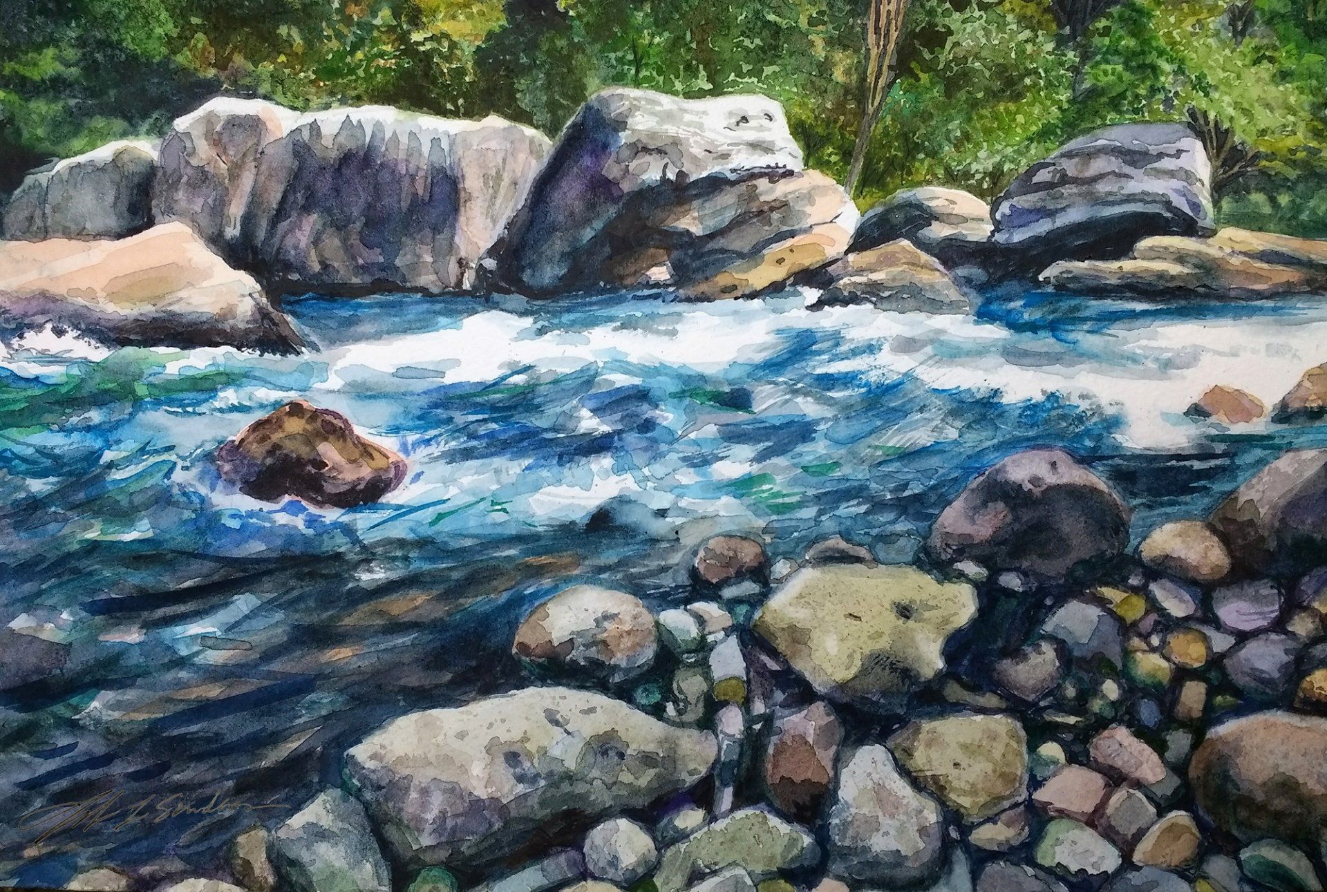 A painting of a river with rocks and trees in the background