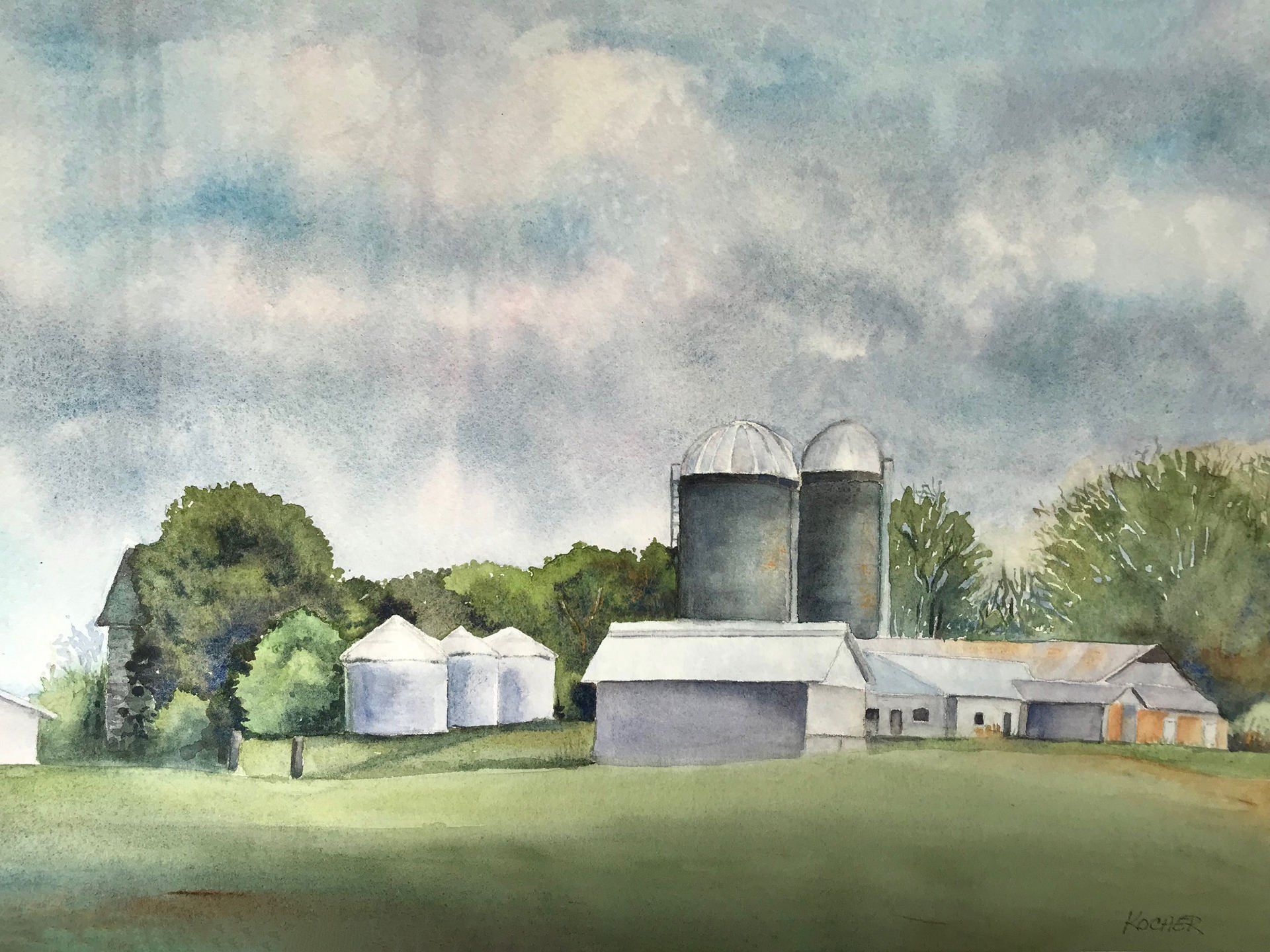 A watercolor painting of a farm with silos and trees