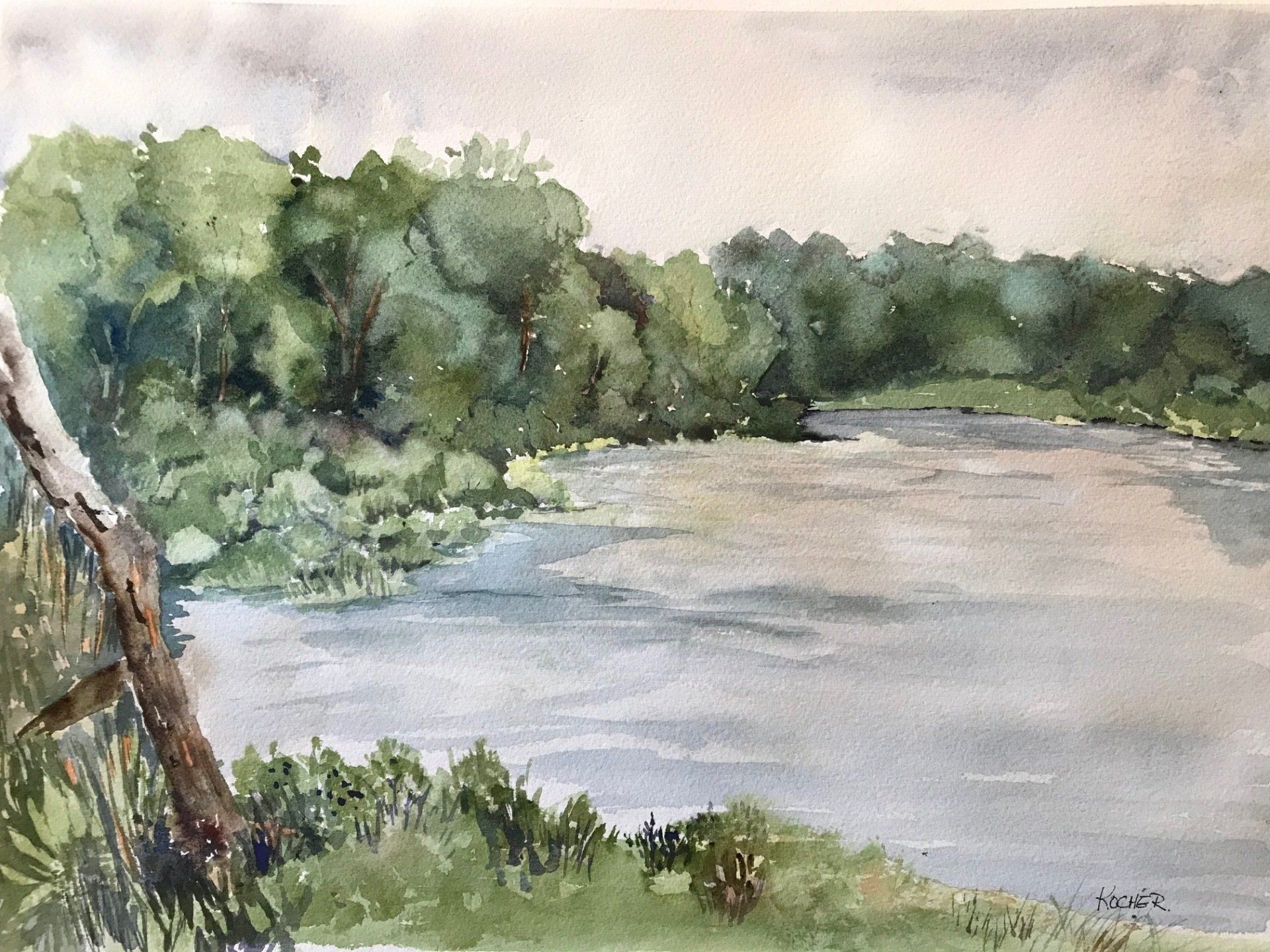A watercolor painting of a river surrounded by trees