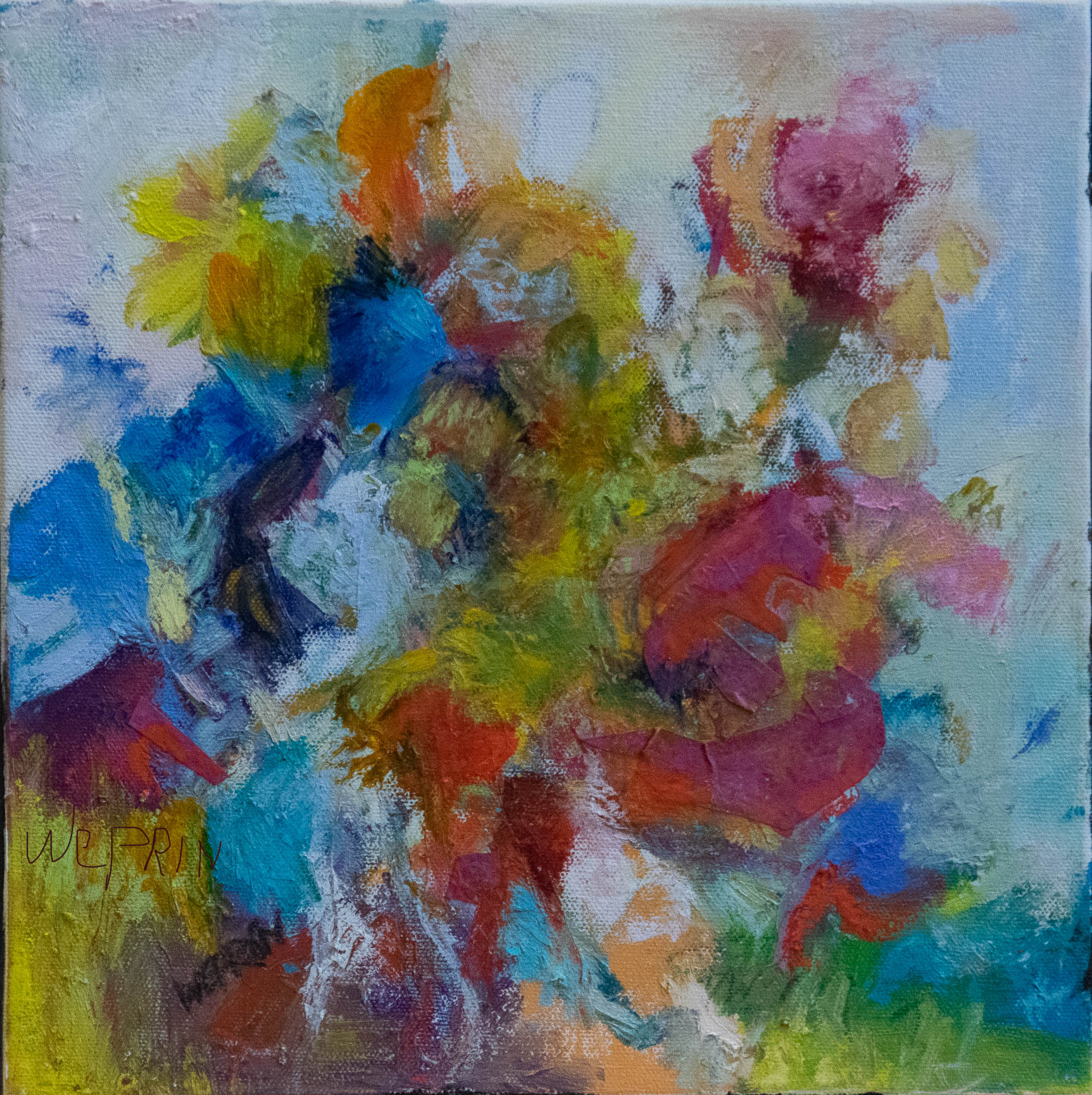 A colorful painting of flowers on a blue background