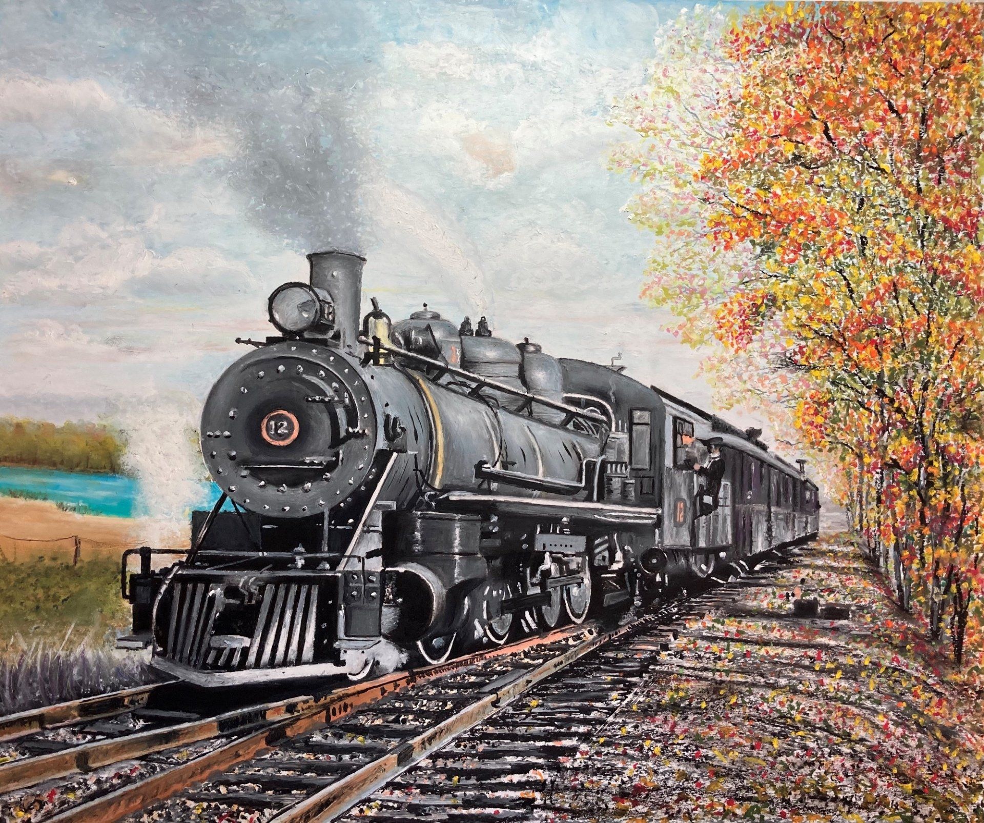 A painting of a train on the tracks with trees in the background