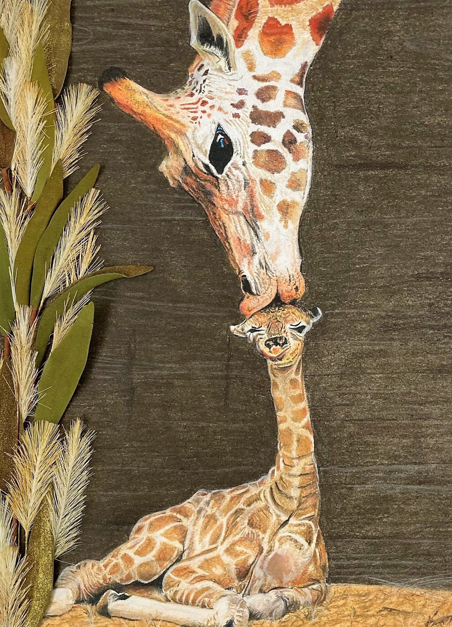 A painting of a giraffe and a baby giraffe