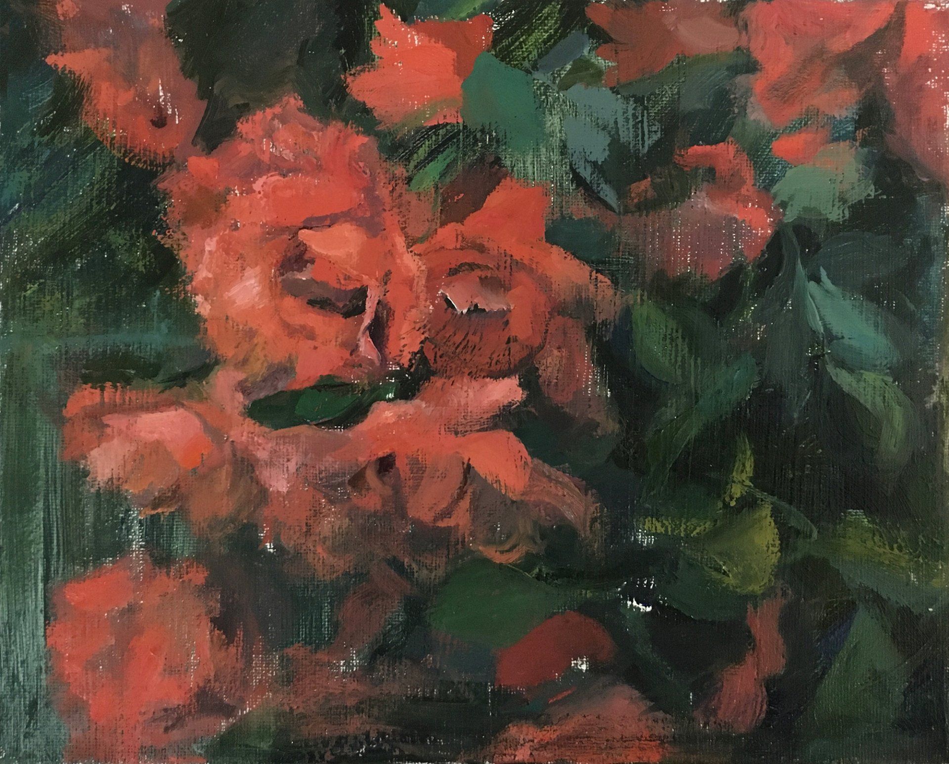 A painting of red flowers on a green background