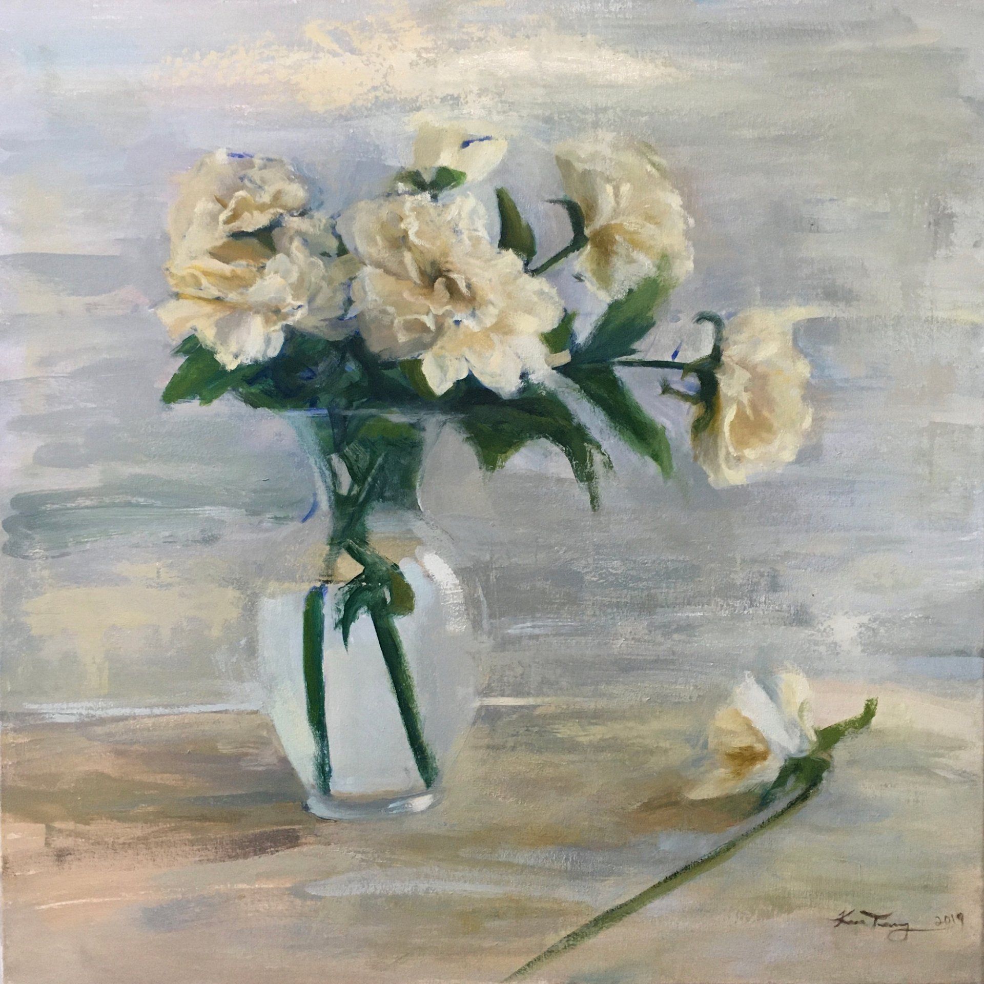 A painting of white flowers in a vase on a table.