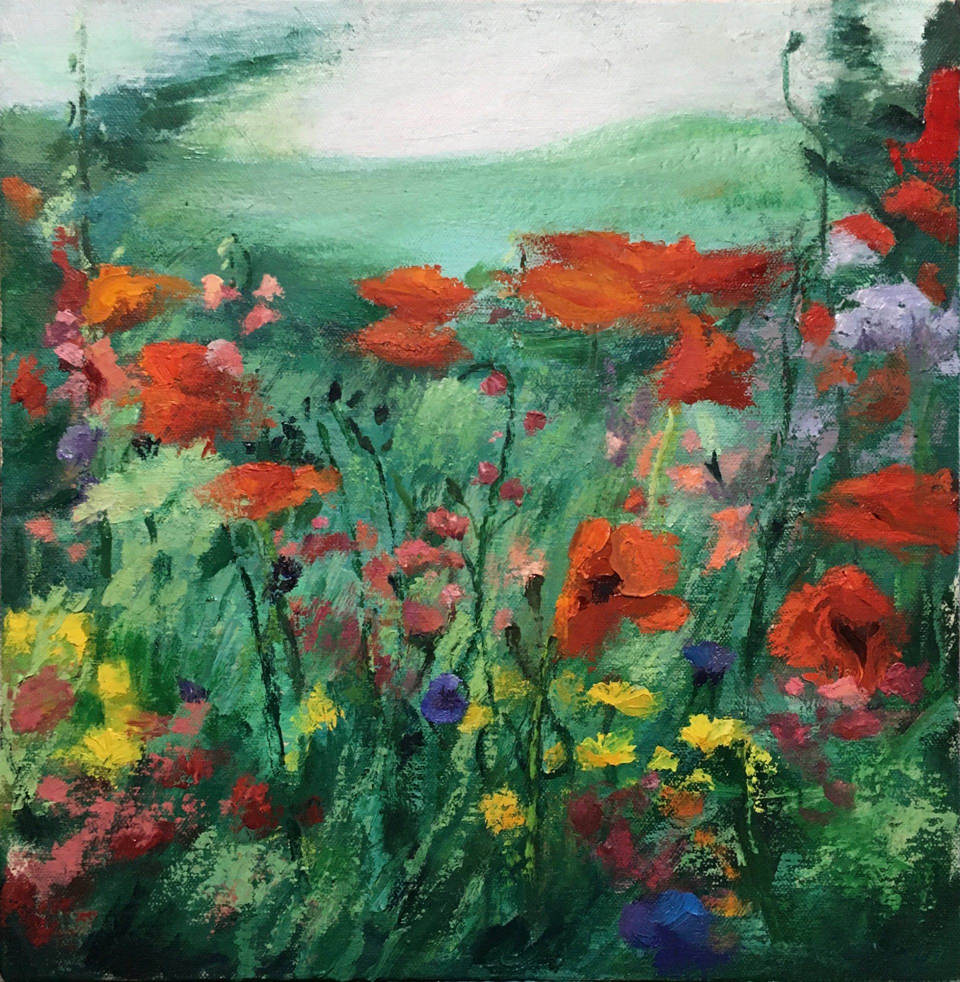 A painting of a field of flowers with red and yellow flowers