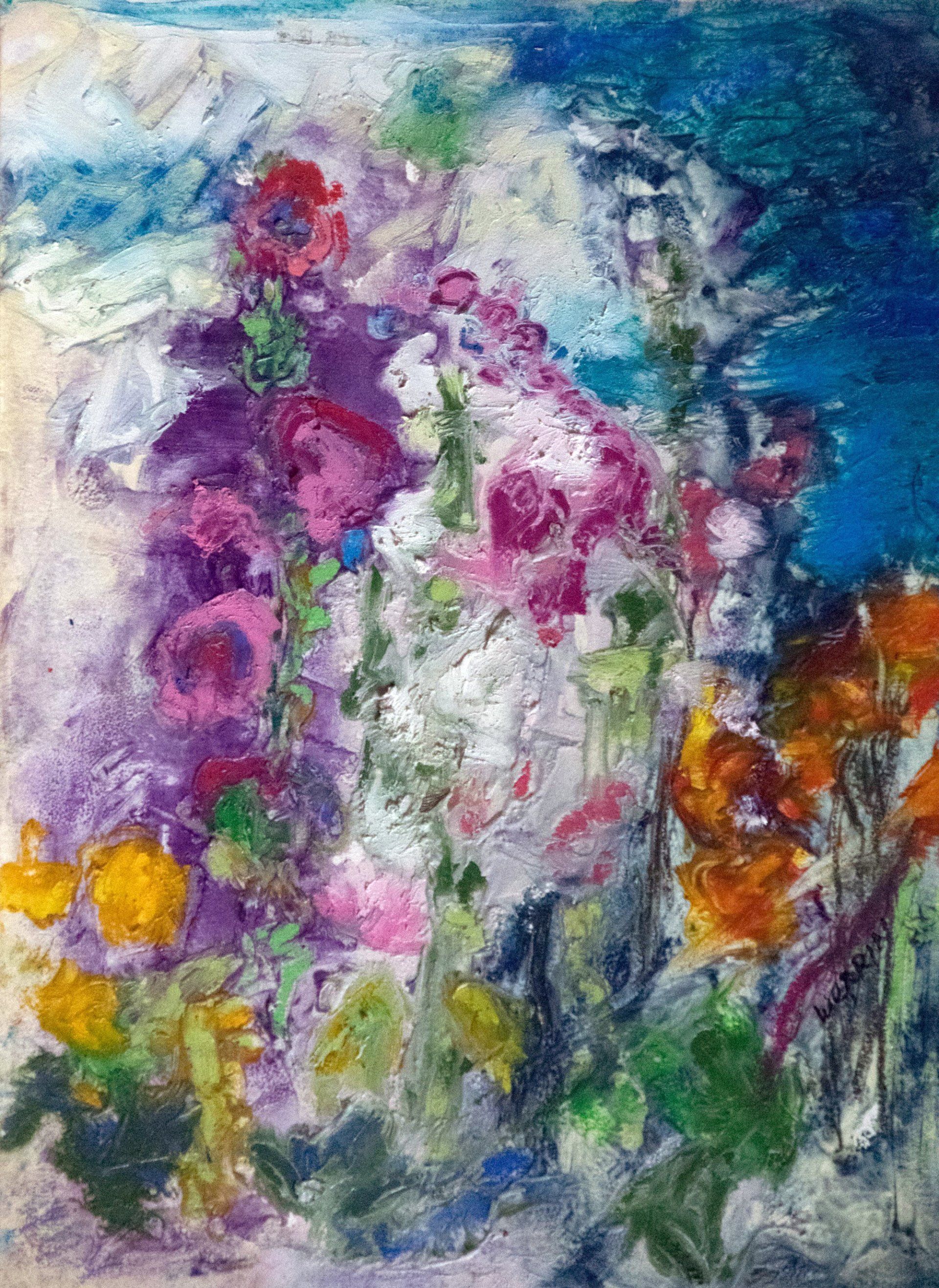 A painting of flowers with a blue sky in the background