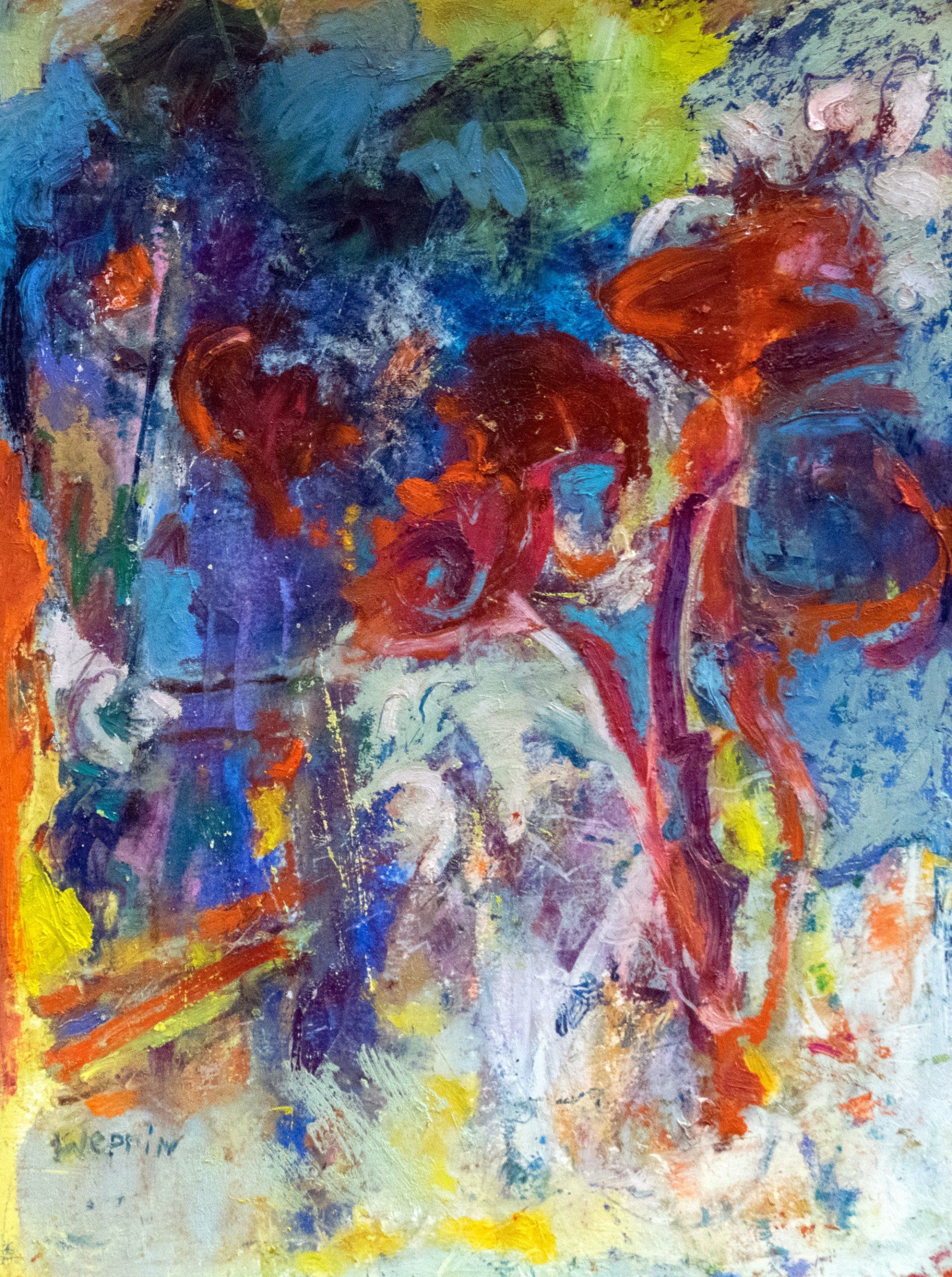 A close up of a colorful painting with a blue background