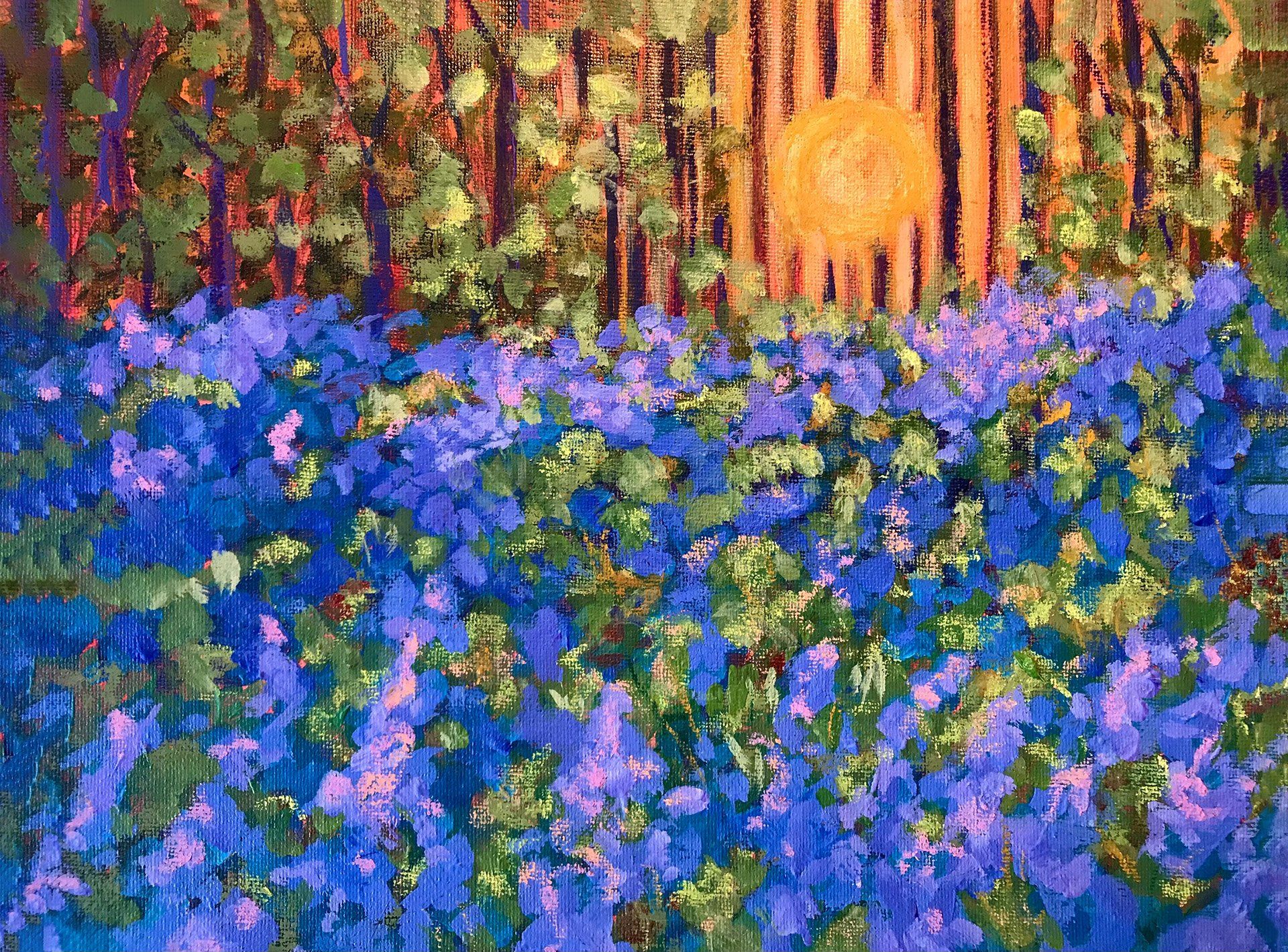 A painting of a field of blue flowers with trees in the background.