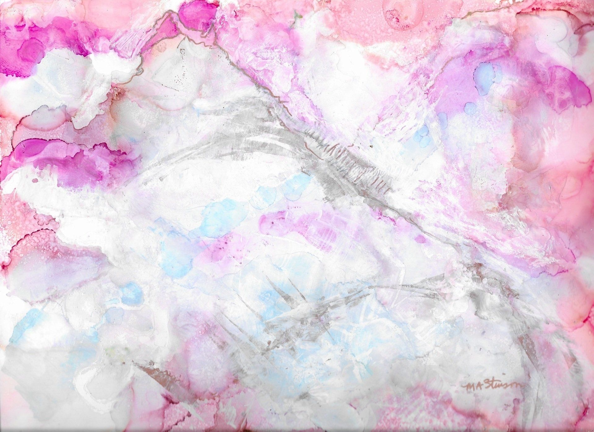 A close up of a pink and white watercolor painting.