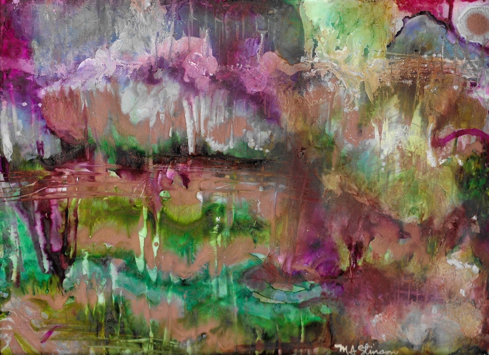 A colorful painting of a river with trees in the background.