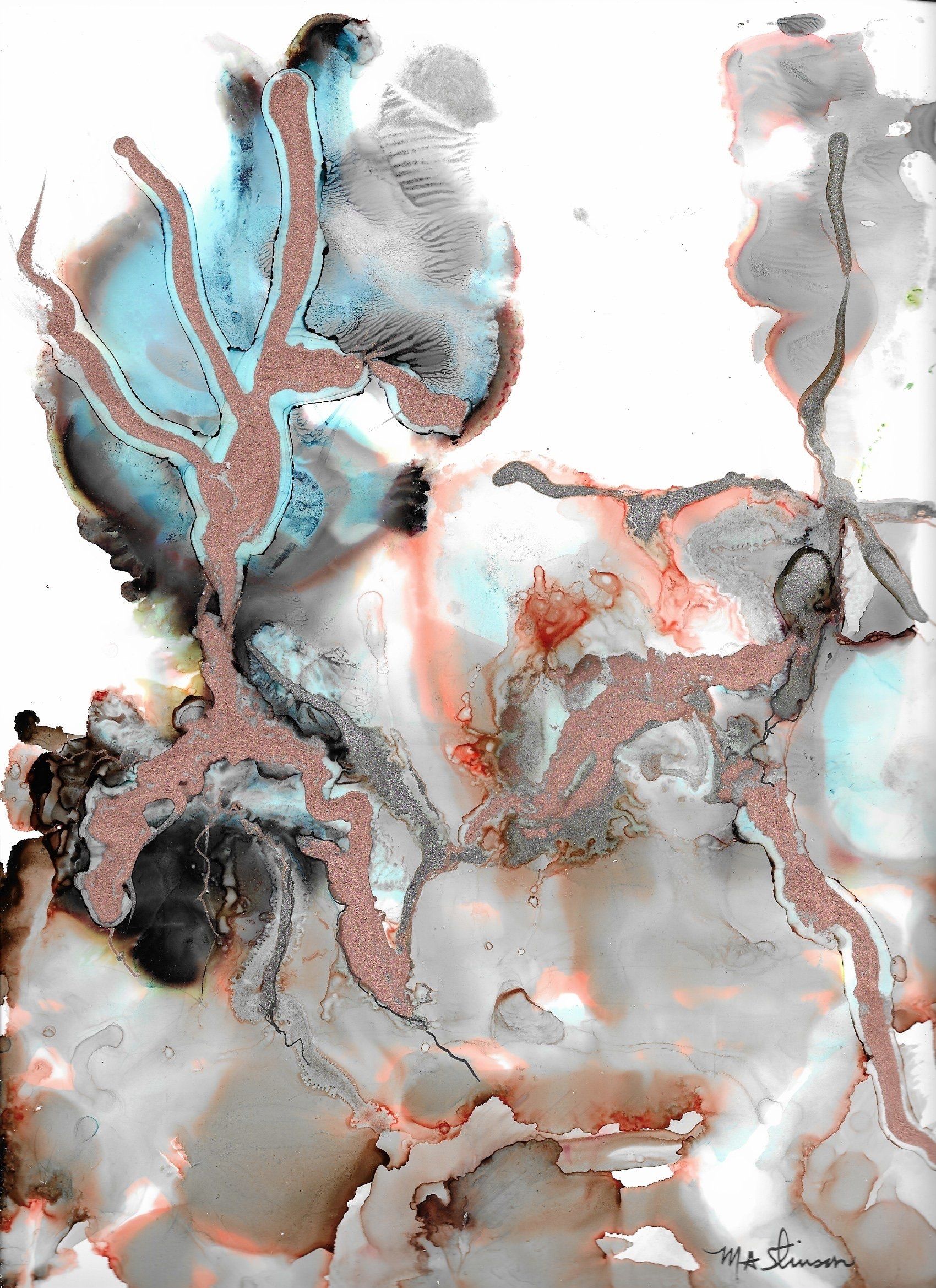 A close up of a painting with a white background