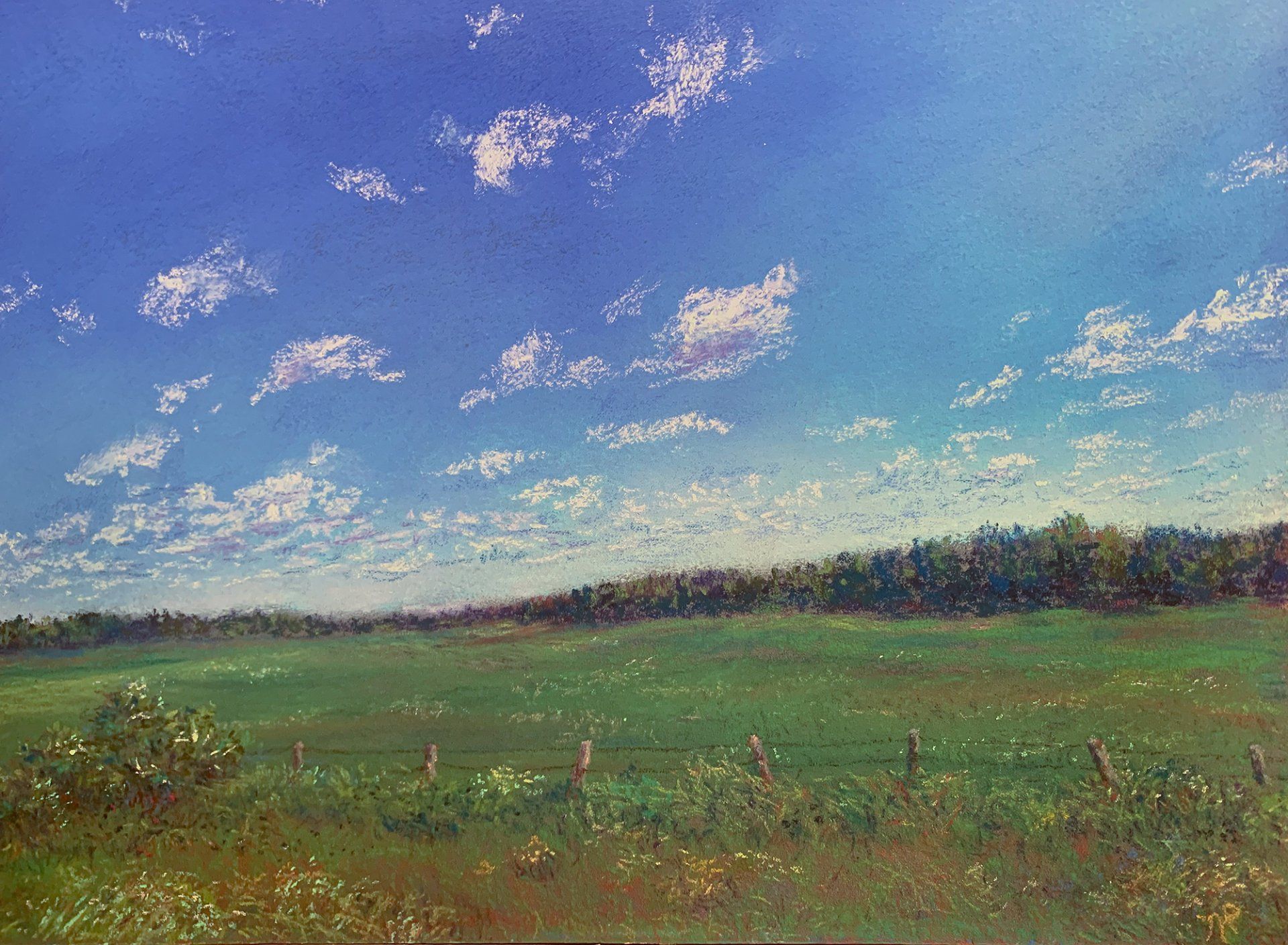 A painting of a field with trees in the background and a blue sky with clouds.