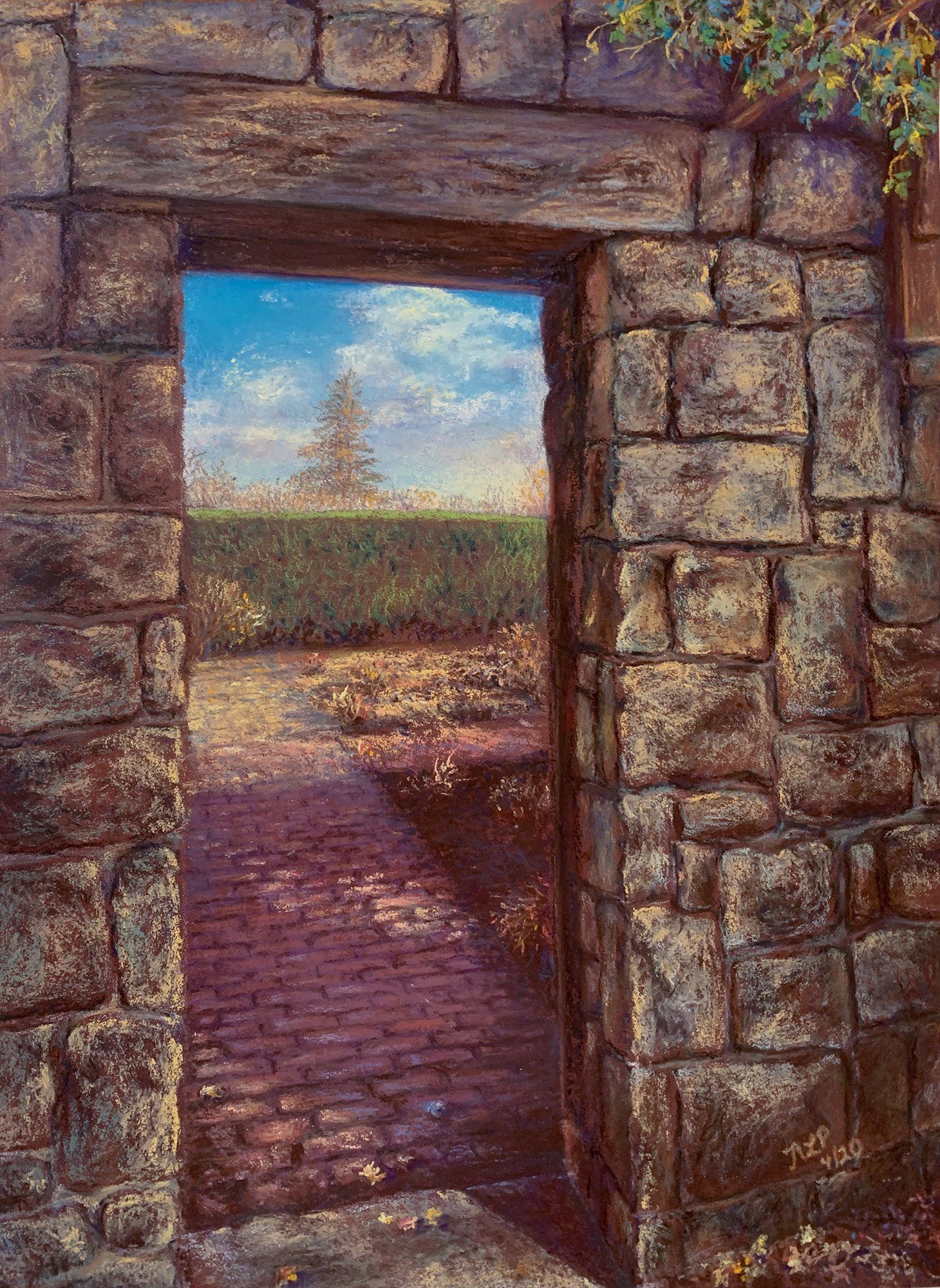 A painting of a stone doorway leading to a brick path.