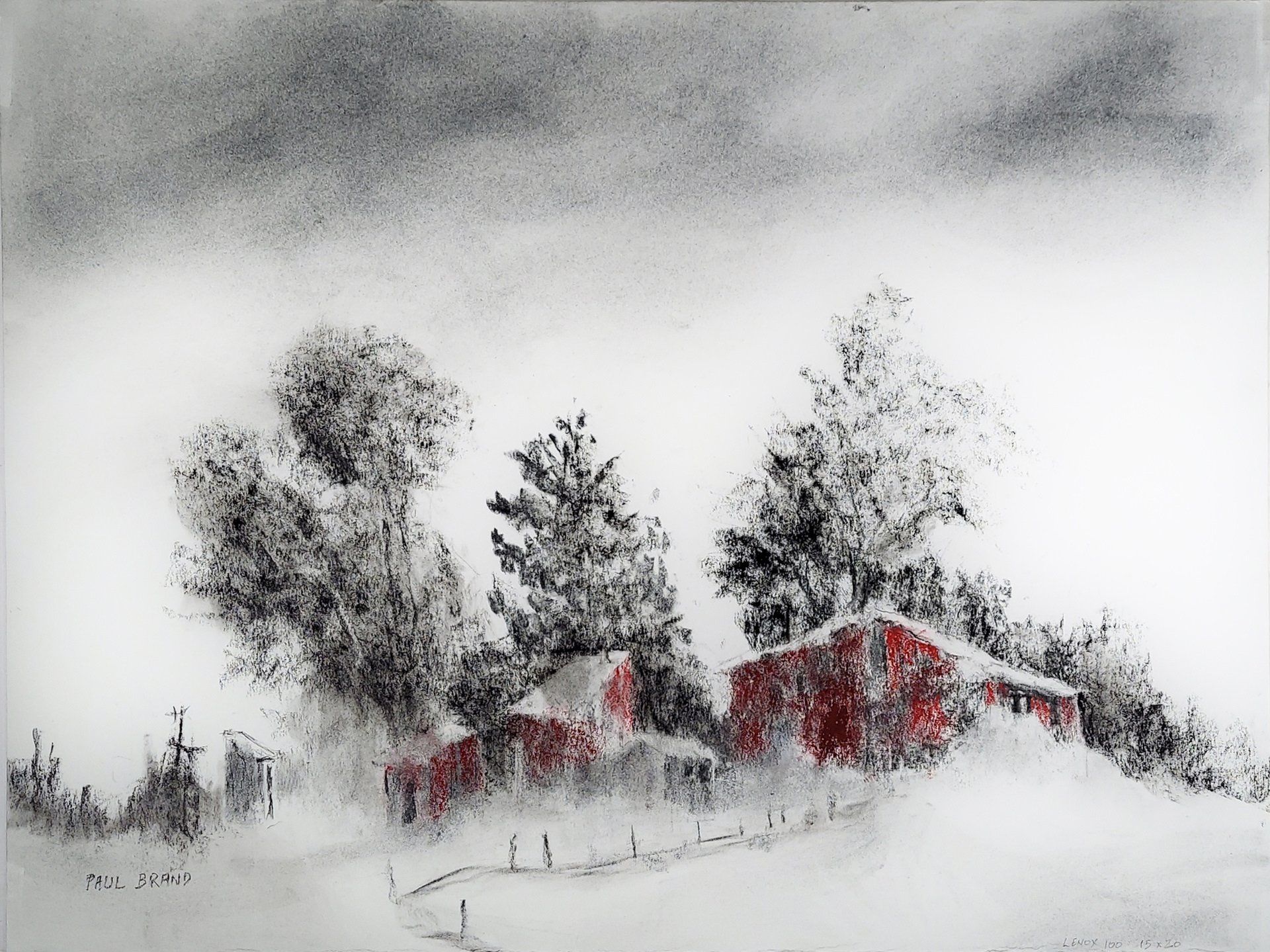 A black and white painting of a snowy landscape with red houses and trees