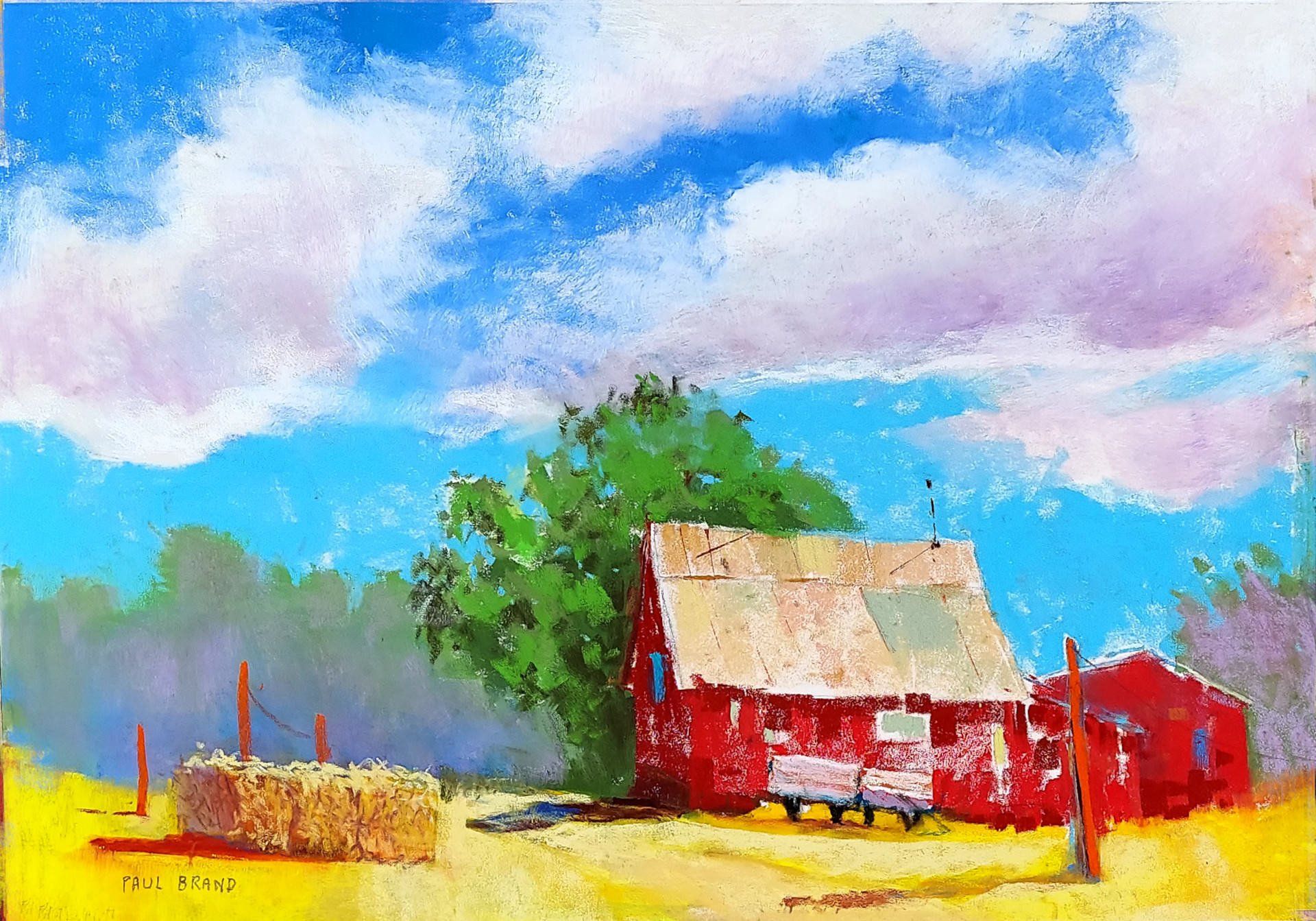 A painting of a red barn with hay bales in front of it