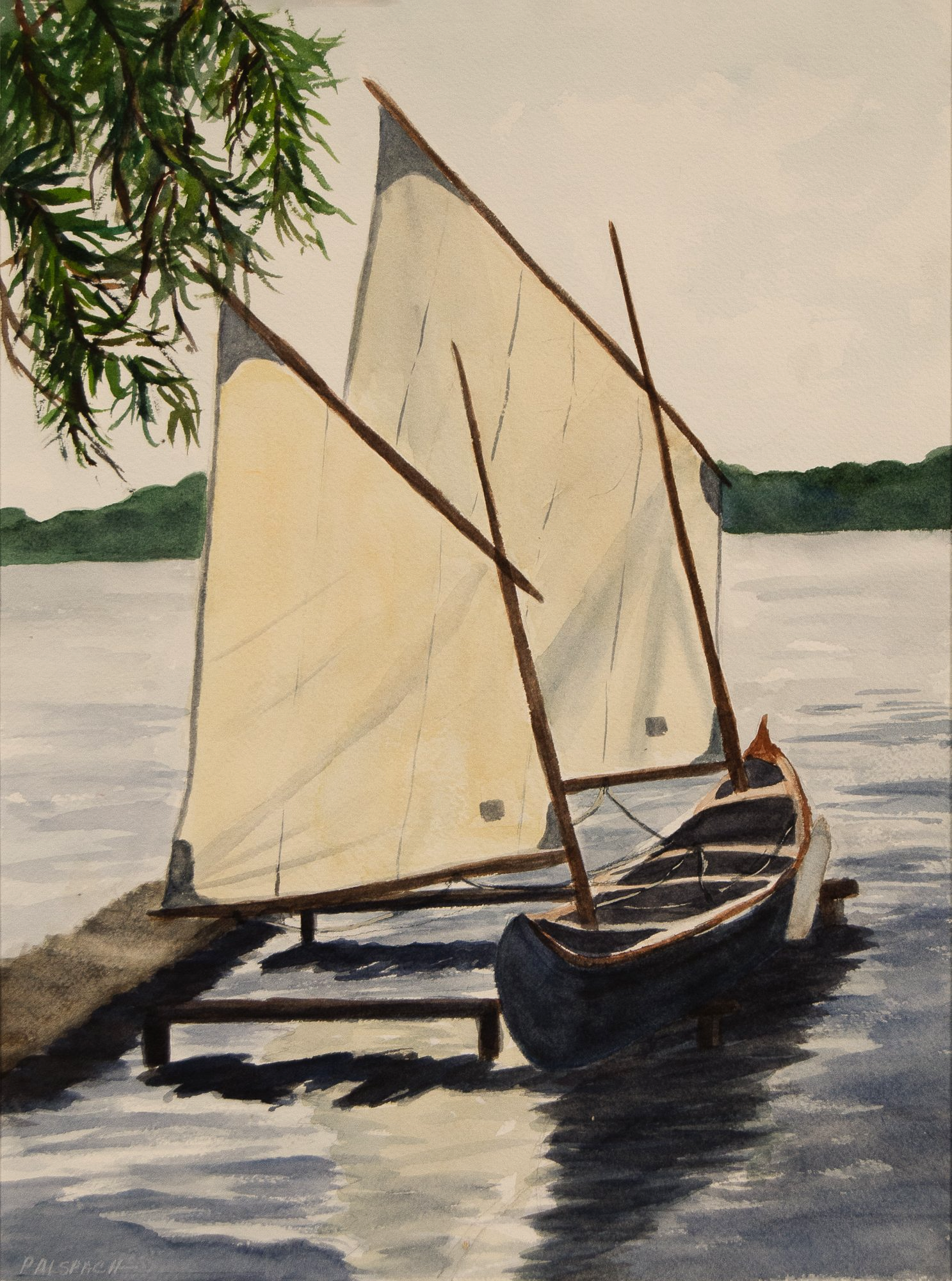 A painting of a sailboat on a body of water