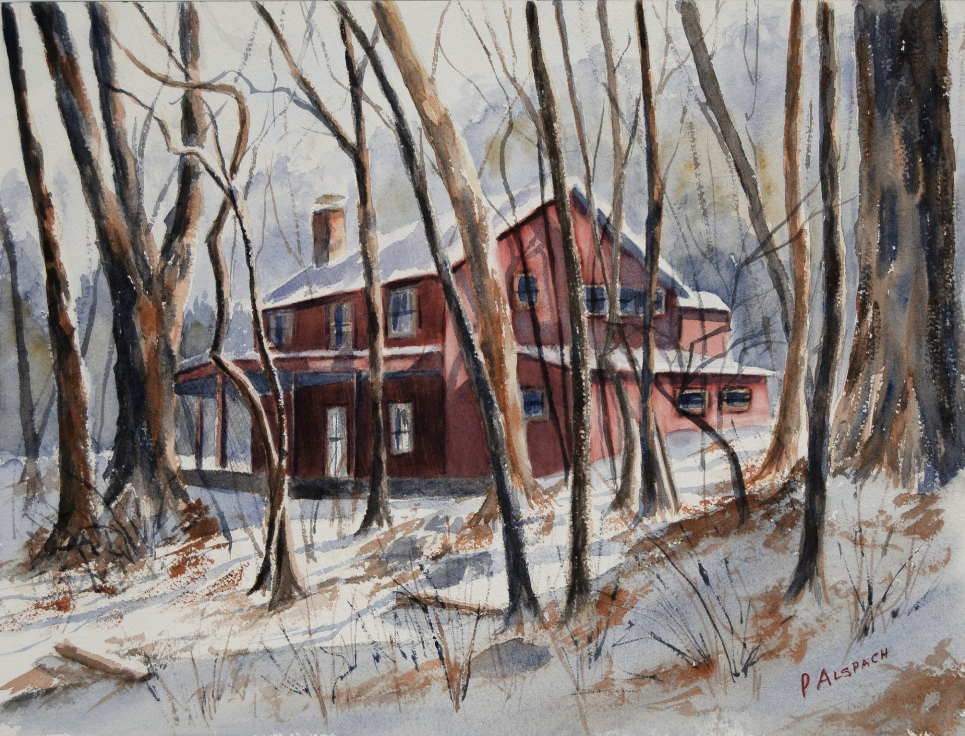 A painting of a red house in the woods