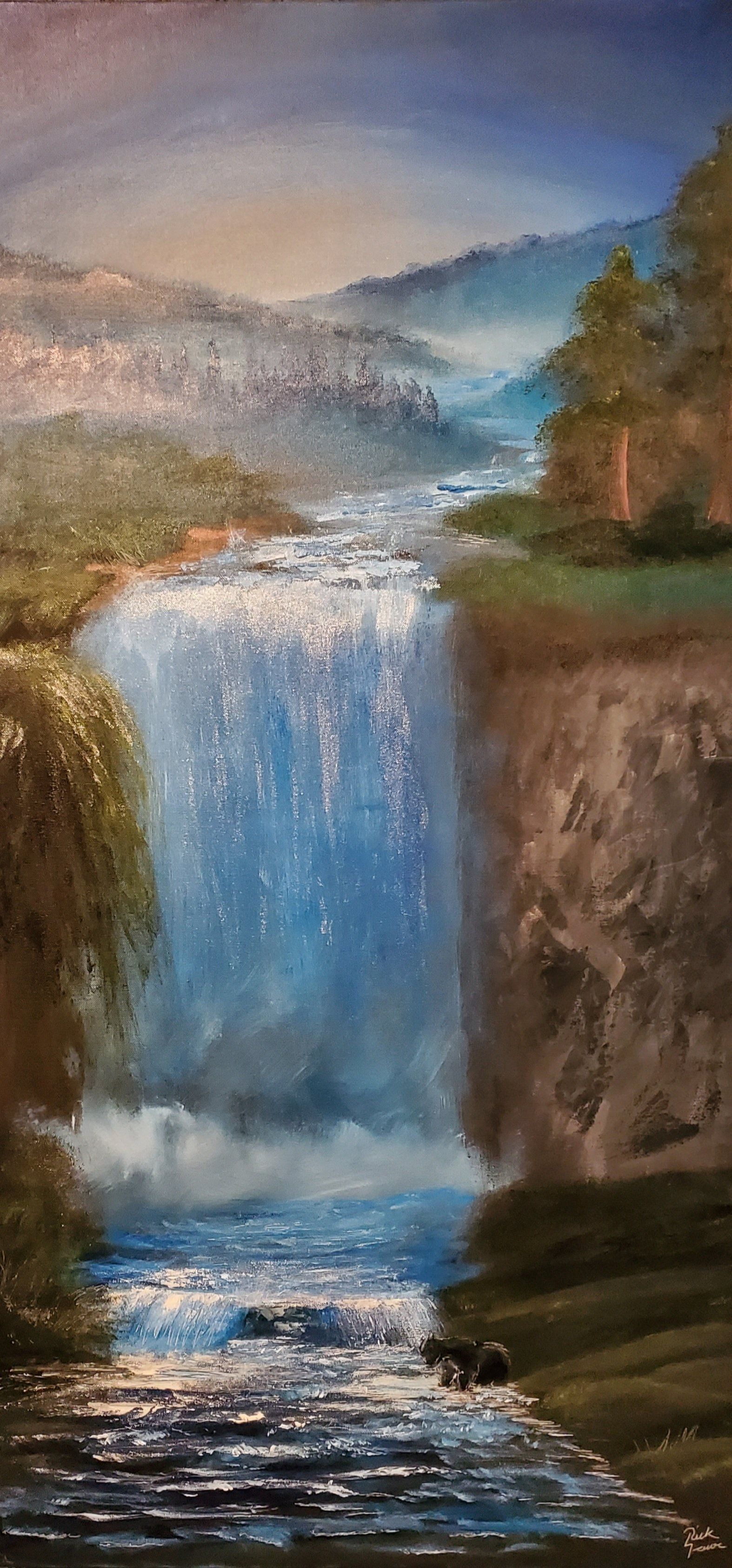 It is a painting of a waterfall in the mountains.